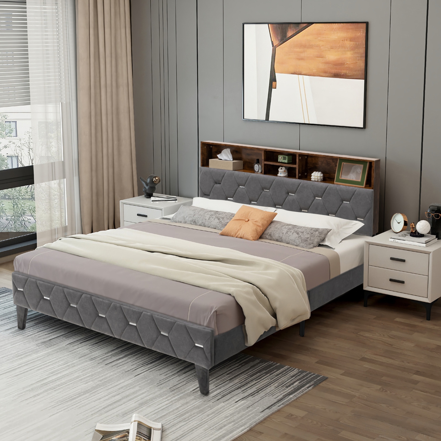 Upholstered Bed Frame with Storage Headboard and Sturdy Platform Base