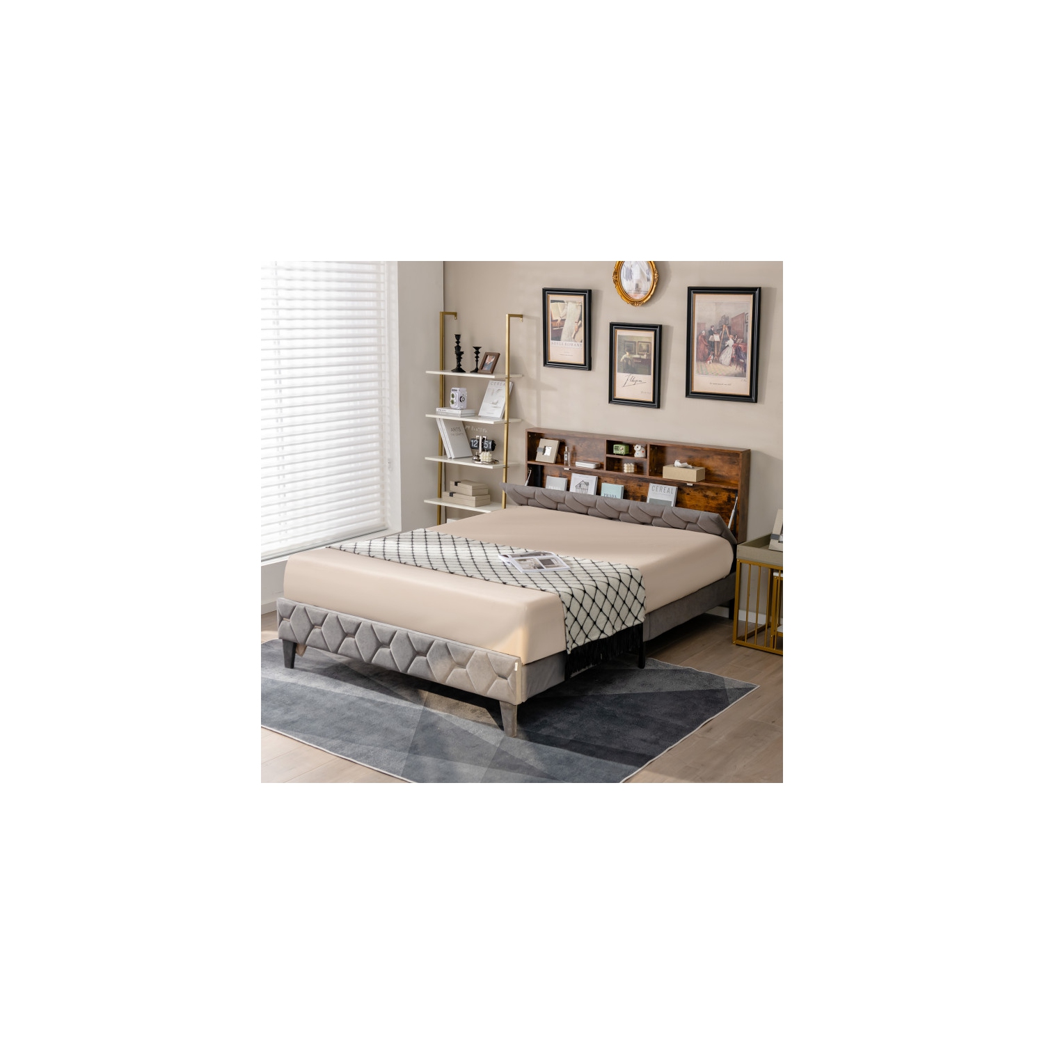 Upholstered Bed Frame with Storage Headboard and Sturdy Platform Base