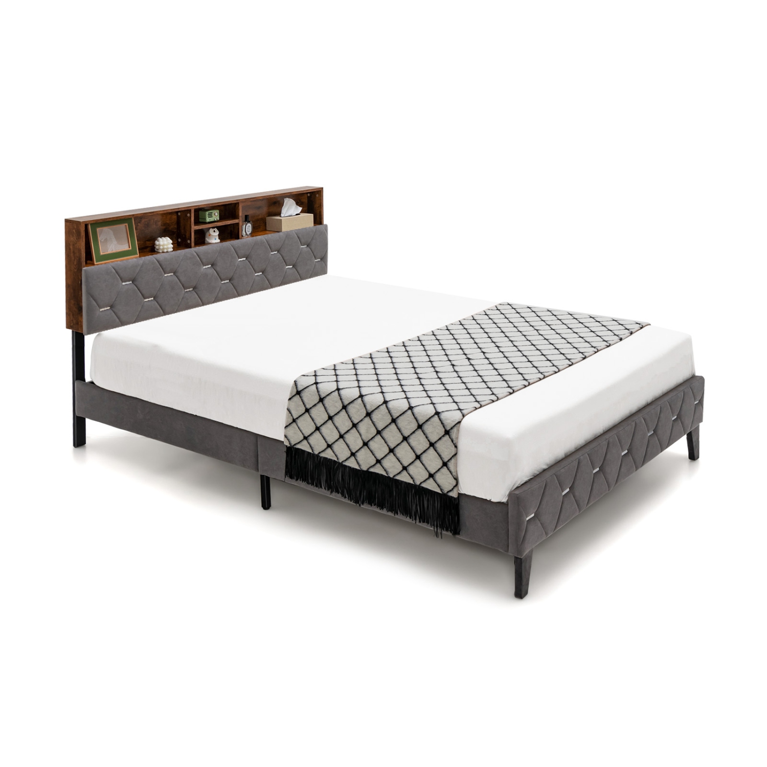 Upholstered Bed Frame with Storage Headboard and Sturdy Platform Base