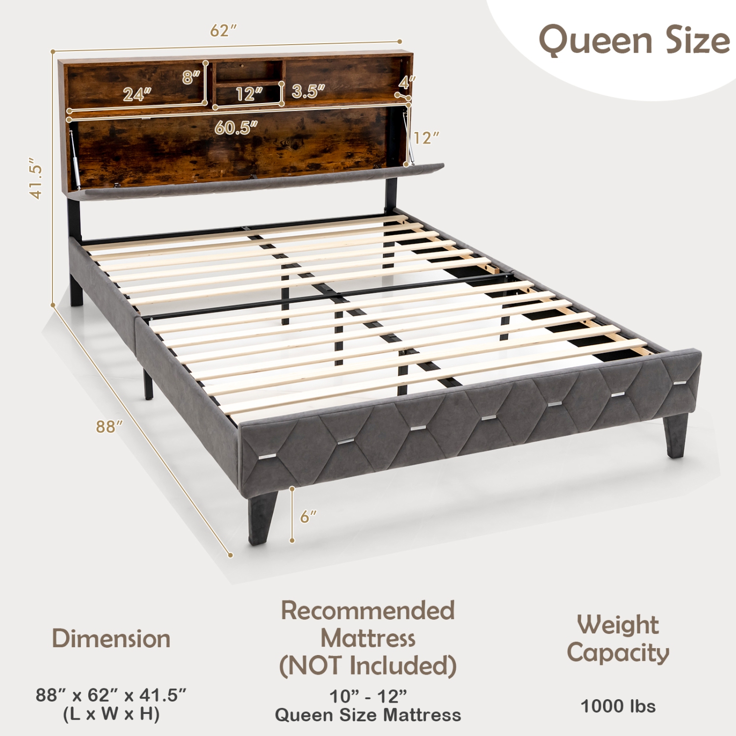 Upholstered Bed Frame with Storage Headboard and Sturdy Platform Base