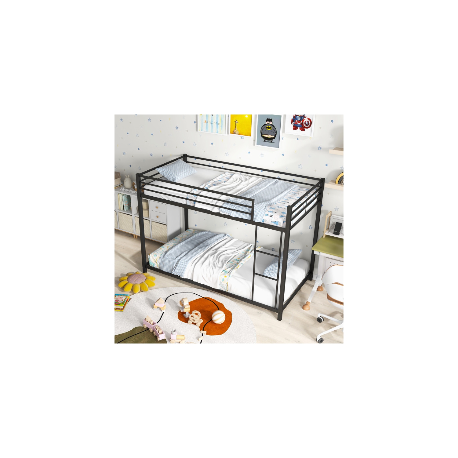 Low Profile Twin Bunk Bed with Metal Frame and Protective Guardrails