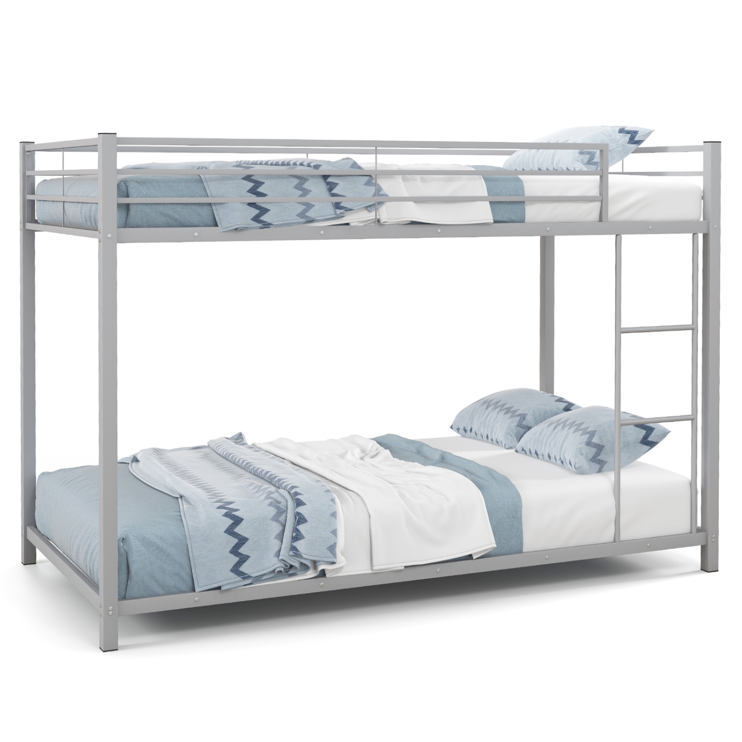 Low Profile Twin Bunk Bed with Metal Frame and Protective Guardrails