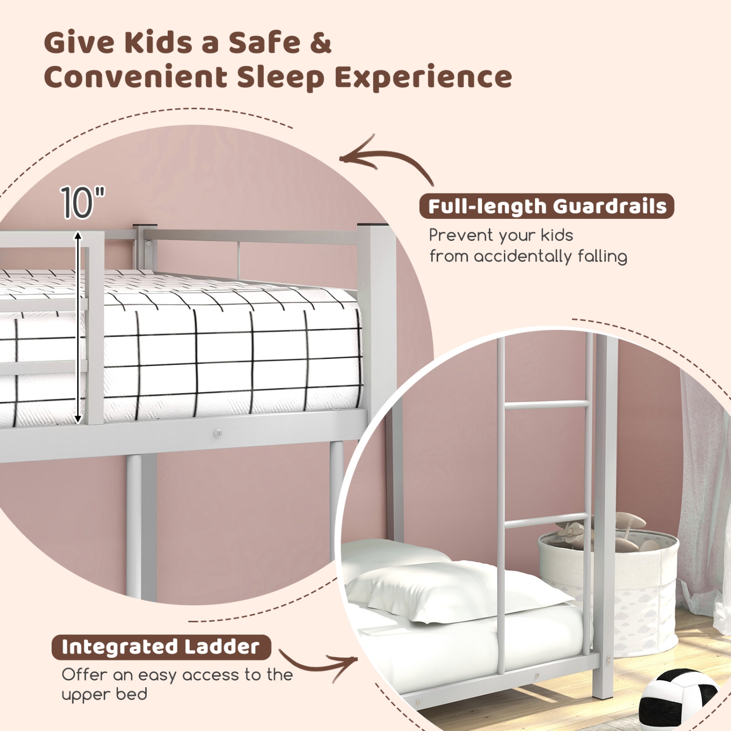 Low Profile Twin Bunk Bed with Metal Frame and Protective Guardrails