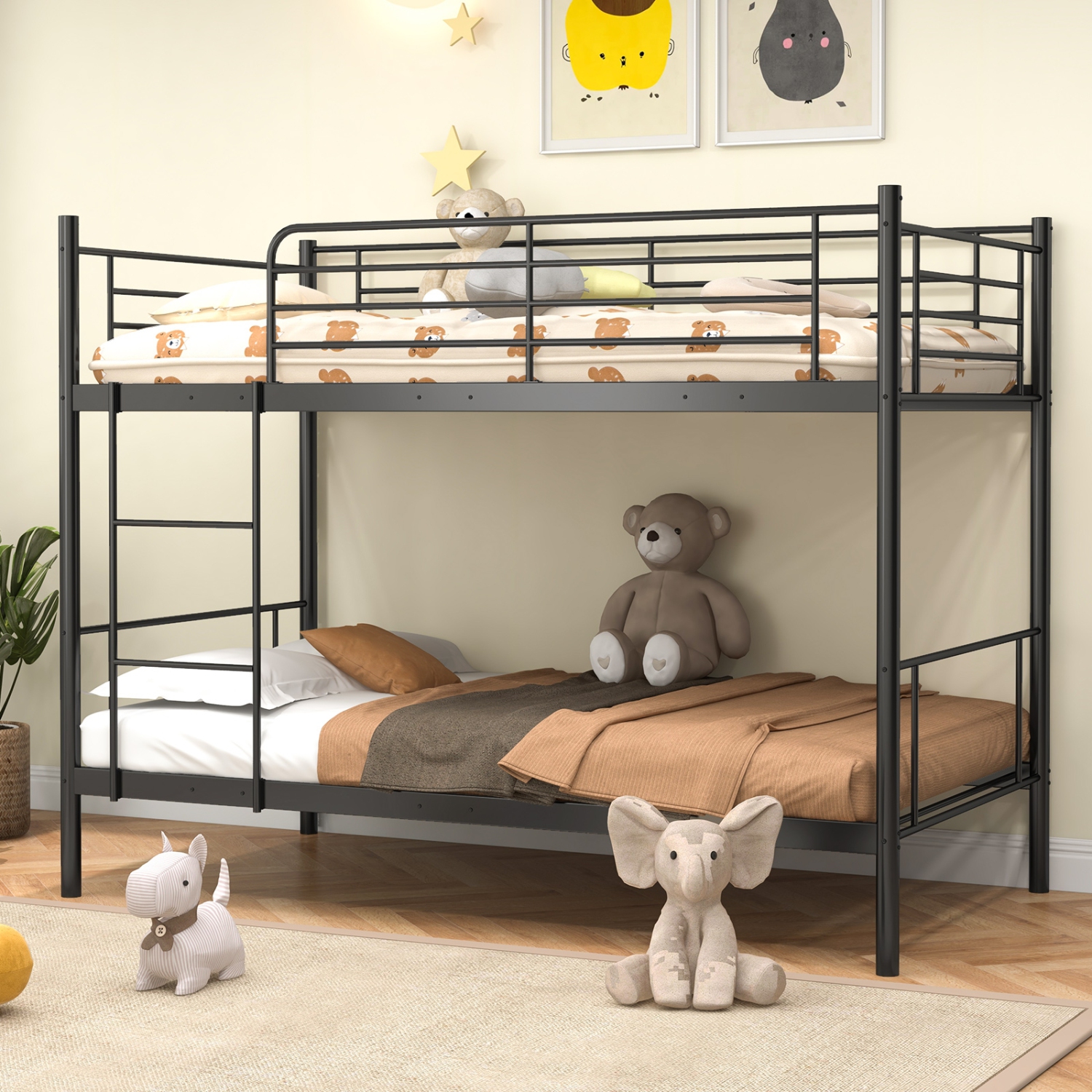 Kids Metal Bunk Bed with Full-Length Guardrails and Easy Ladder Access