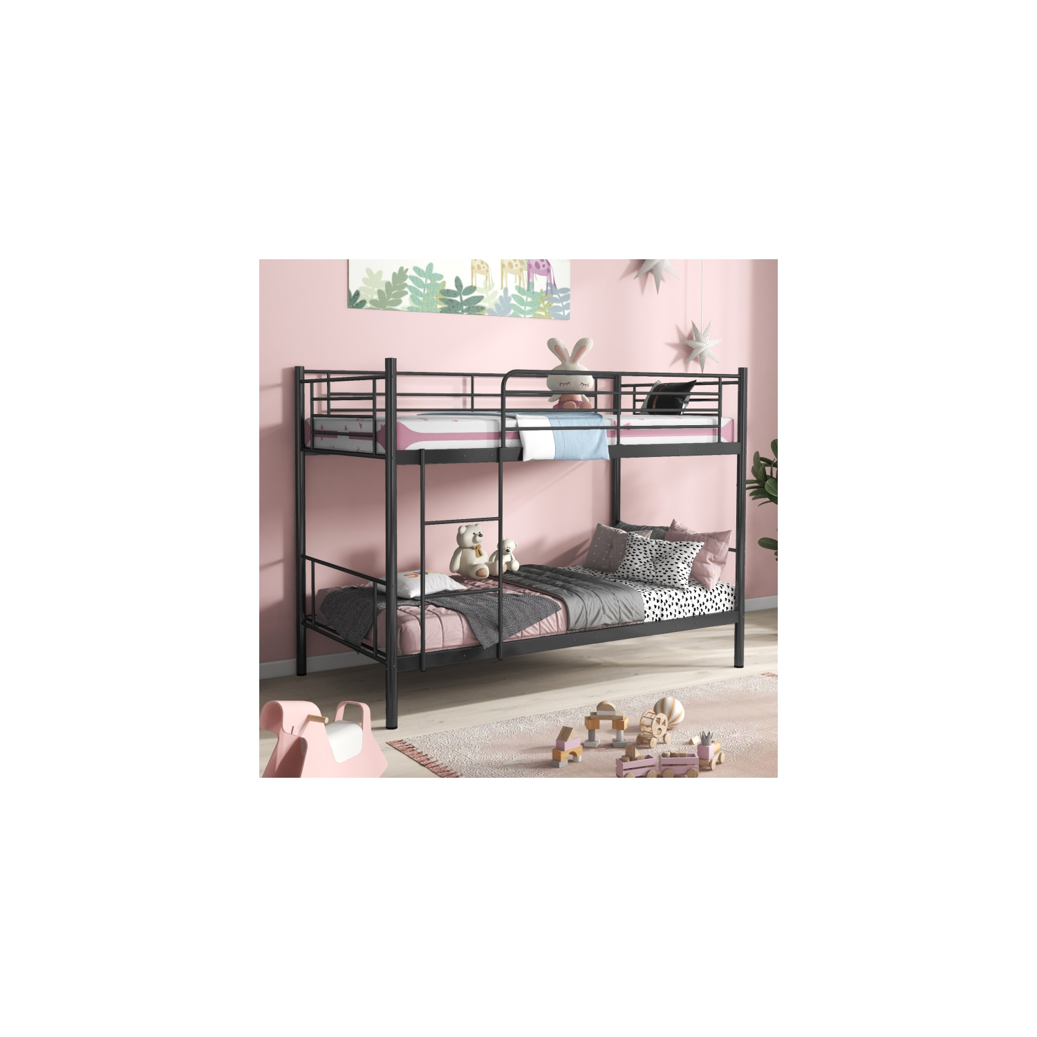 Kids Metal Bunk Bed with Full-Length Guardrails and Easy Ladder Access