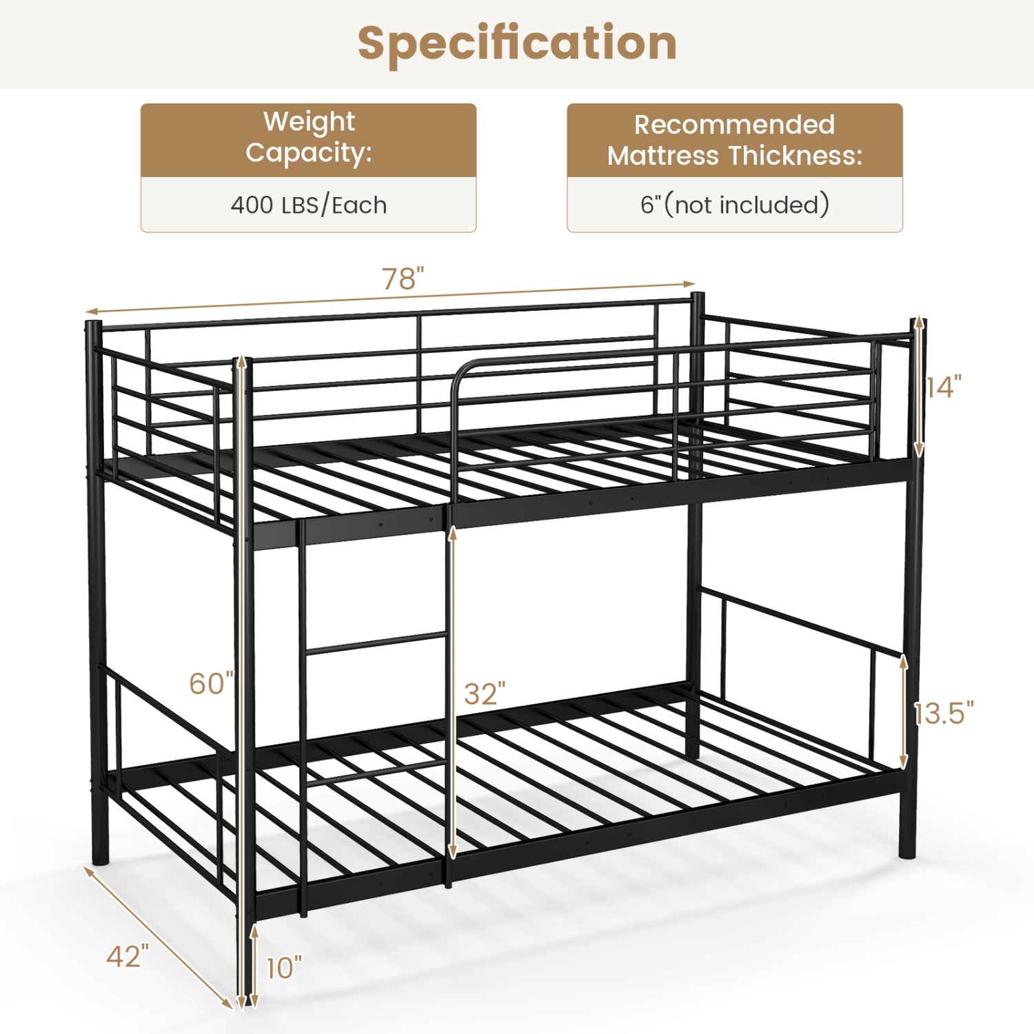 Kids Metal Bunk Bed with Full-Length Guardrails and Easy Ladder Access