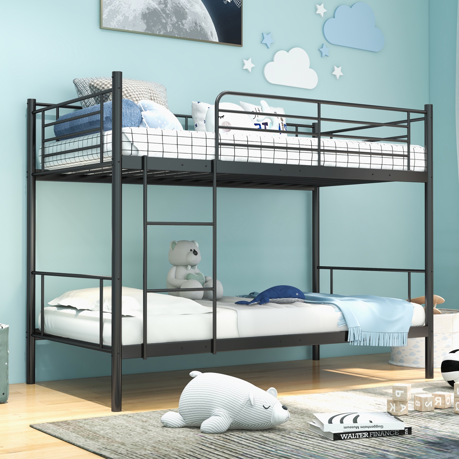 Kids Metal Bunk Bed with Full-Length Guardrails and Easy Ladder Access