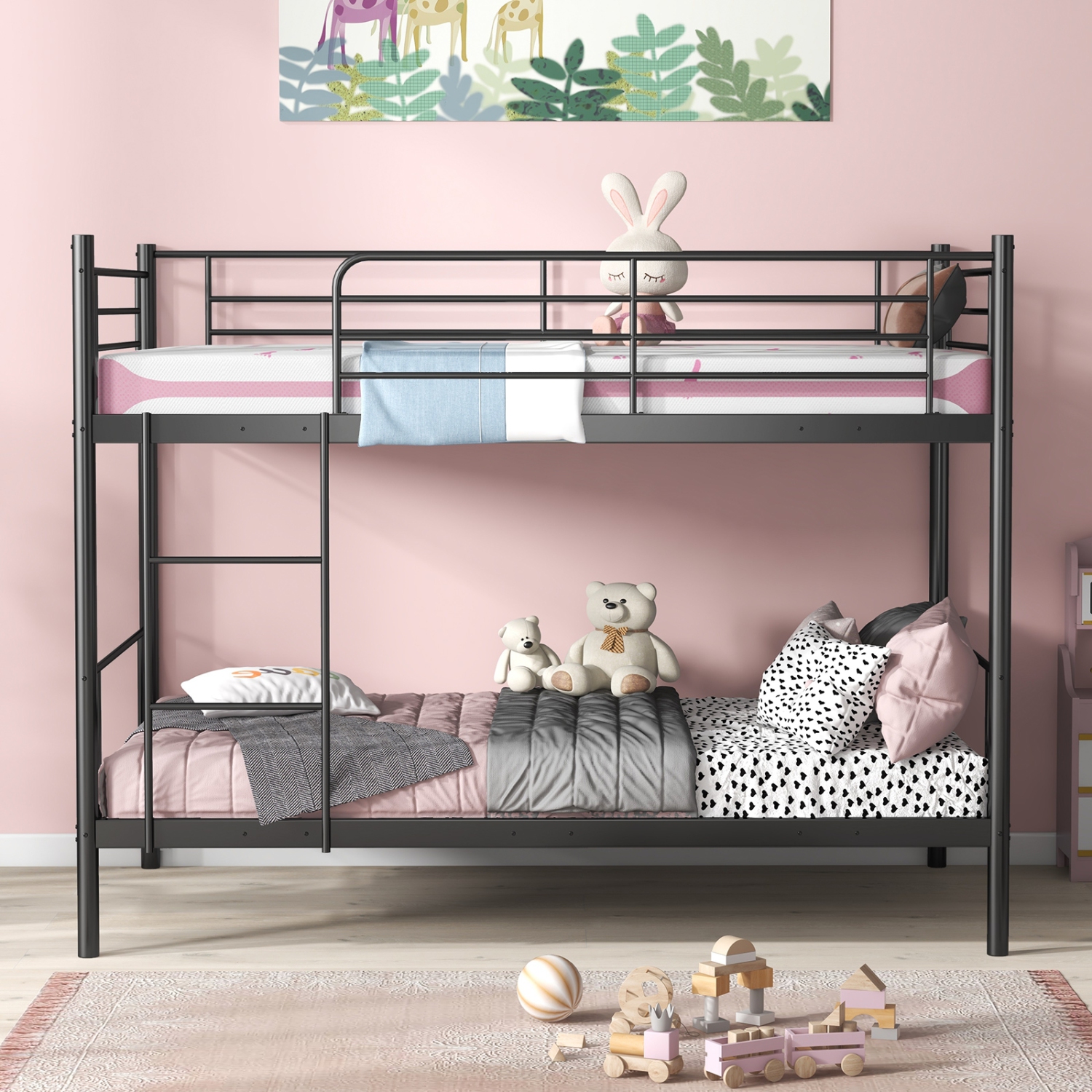 Kids Metal Bunk Bed with Full-Length Guardrails and Easy Ladder Access