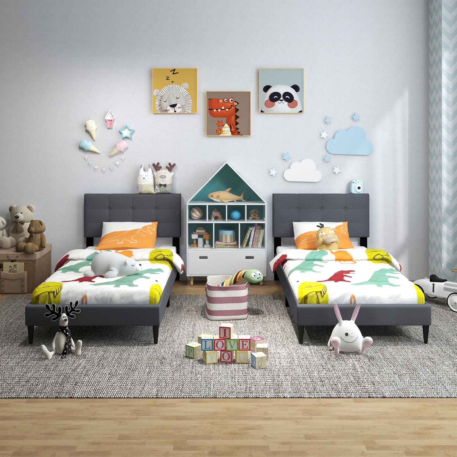 Modern Upholstered Bed Frame with Tufted Button Headboard