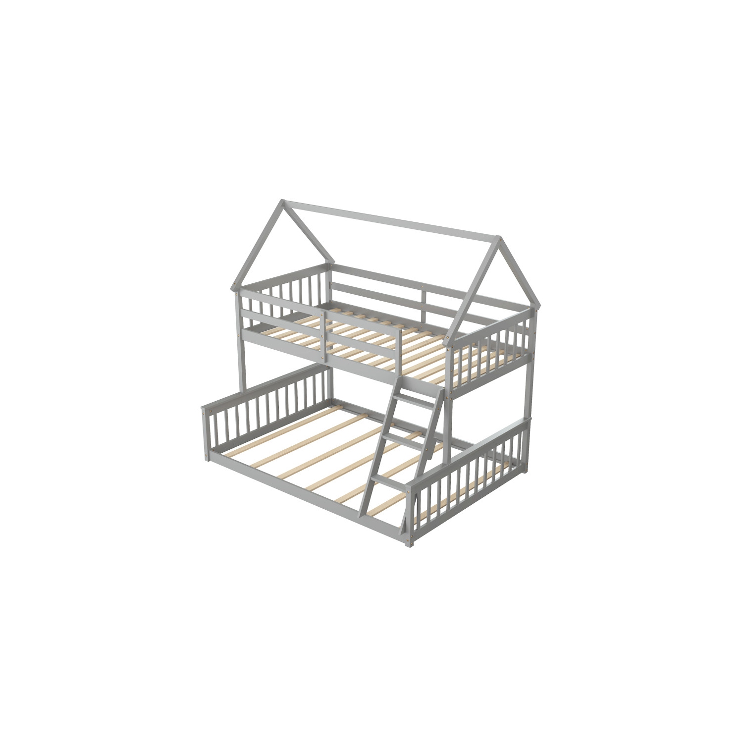 House Bunk Bed Frame with Built-in Ladder and Safety Guardrails for Kids