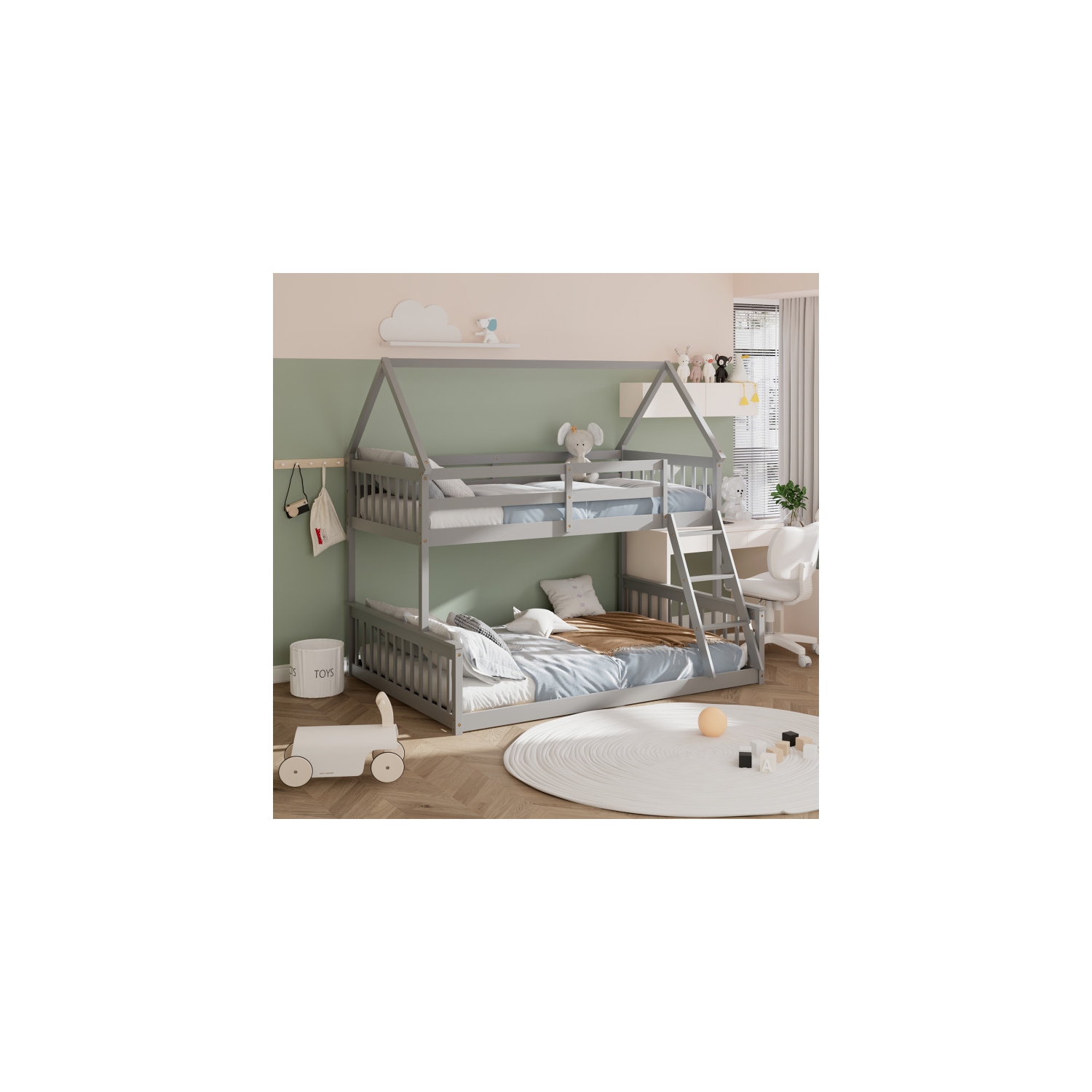 House Bunk Bed Frame with Built-in Ladder and Safety Guardrails for Kids