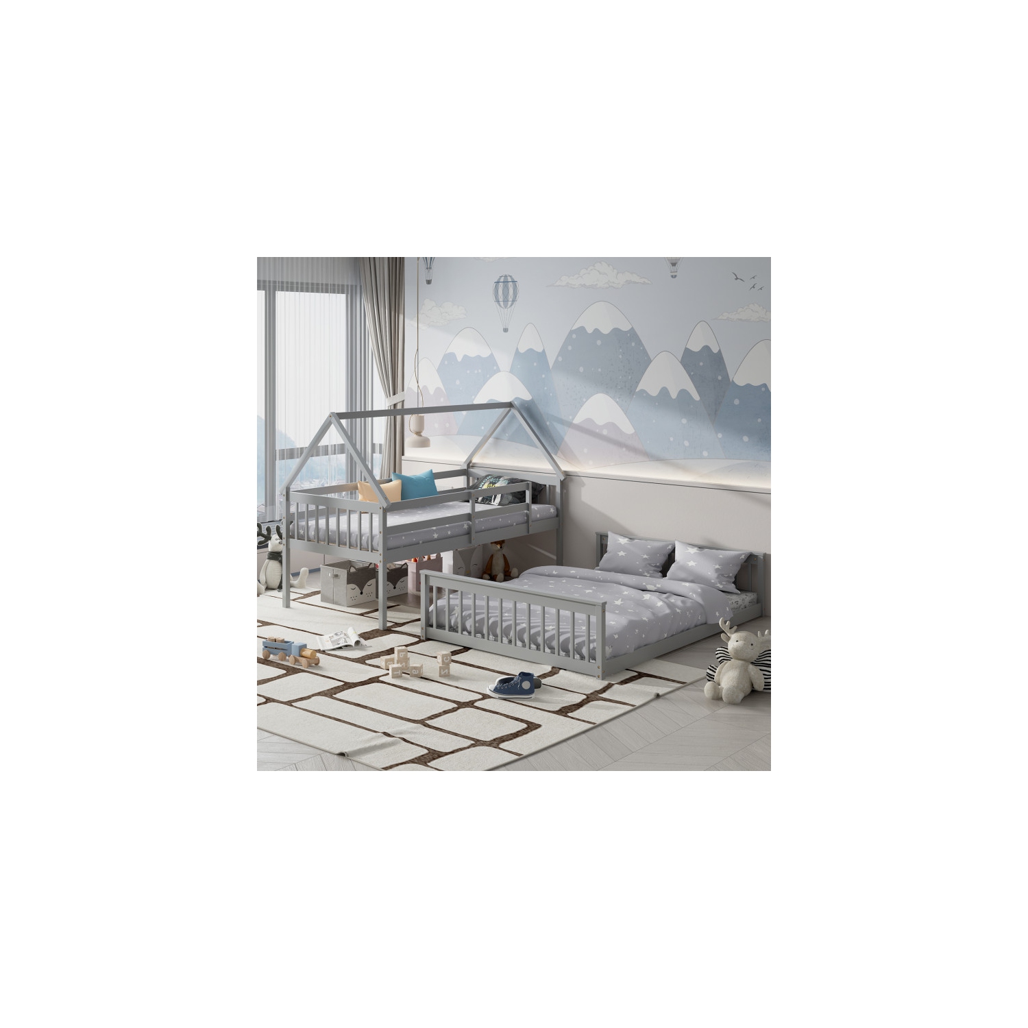 House Bunk Bed Frame with Built-in Ladder and Safety Guardrails for Kids