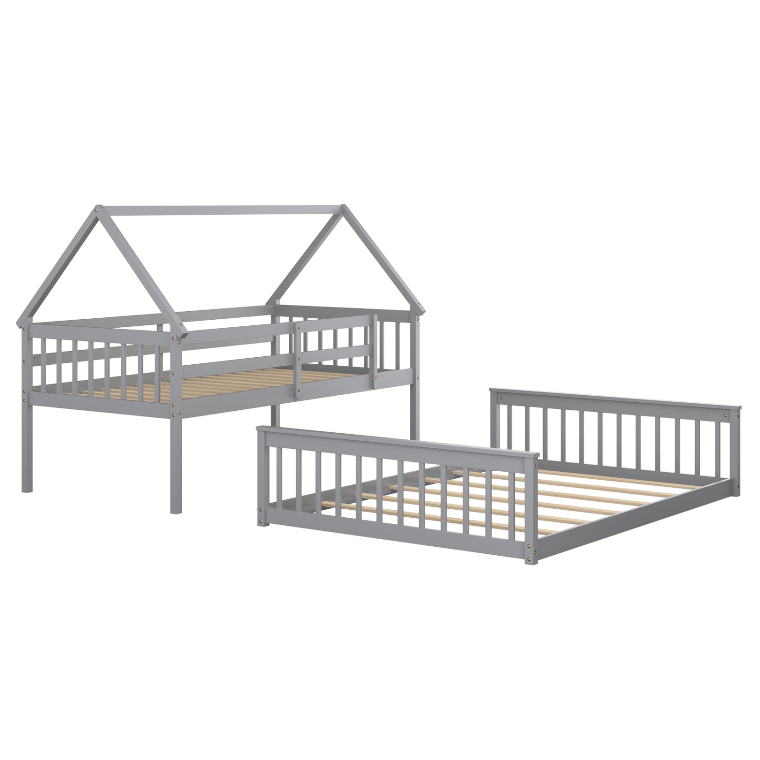 House Bunk Bed Frame with Built-in Ladder and Safety Guardrails for Kids