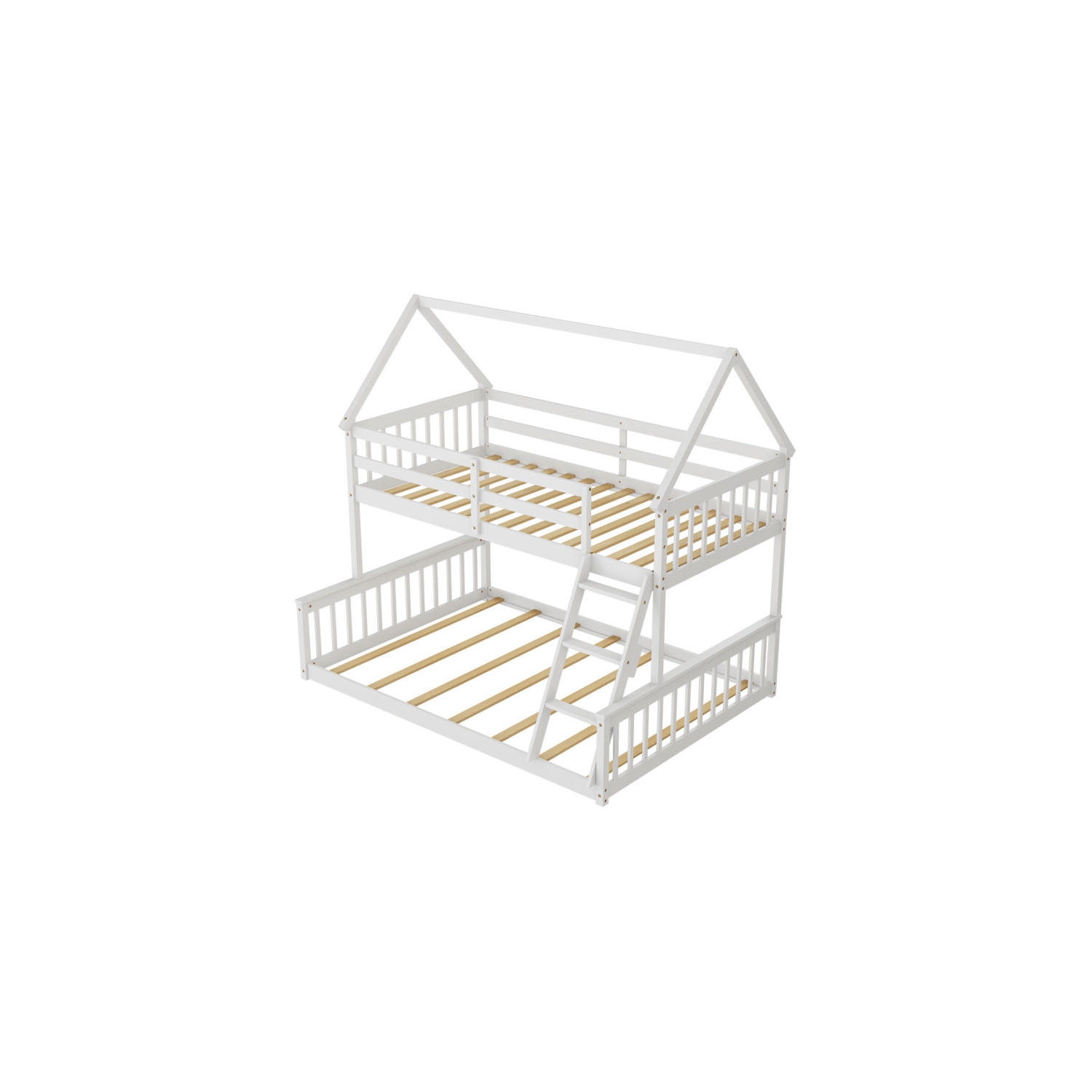 House Bunk Bed Frame with Built-in Ladder and Safety Guardrails for Kids