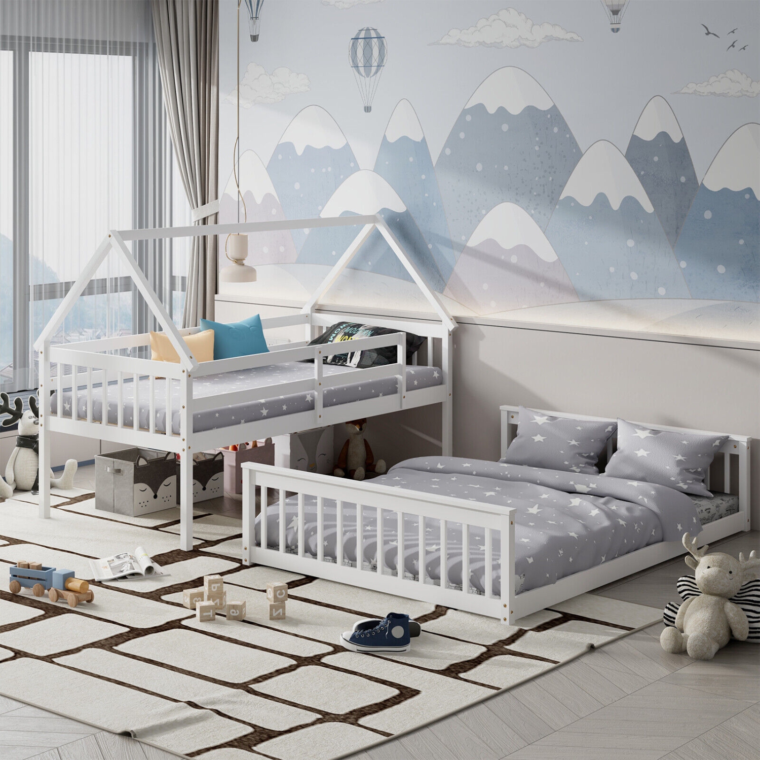 House Bunk Bed Frame with Built-in Ladder and Safety Guardrails for Kids