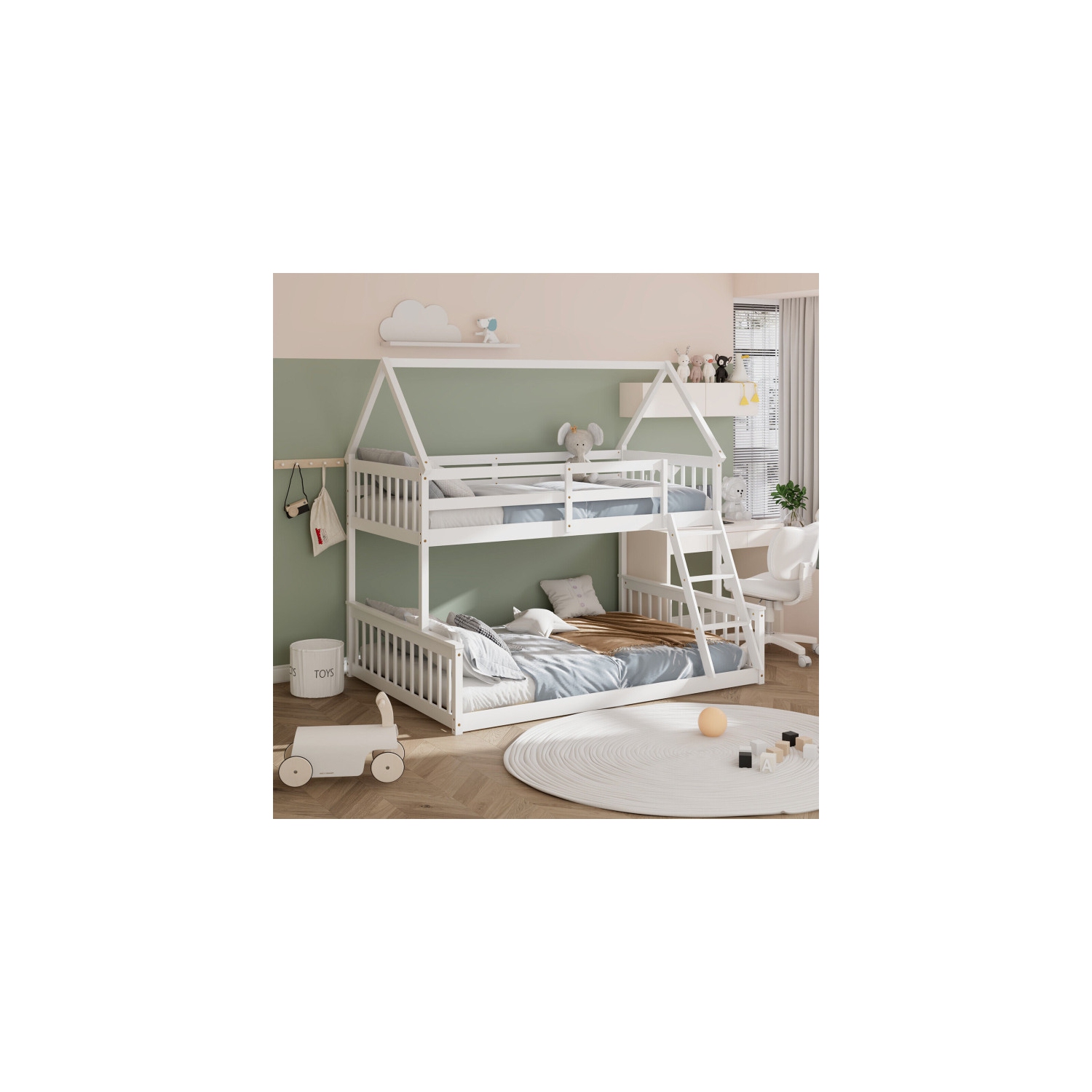 House Bunk Bed Frame with Built-in Ladder and Safety Guardrails for Kids