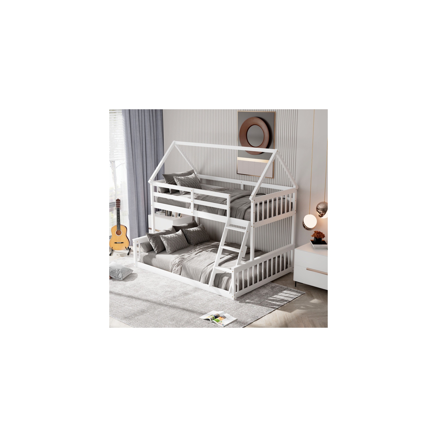 House Bunk Bed Frame with Built-in Ladder and Safety Guardrails for Kids