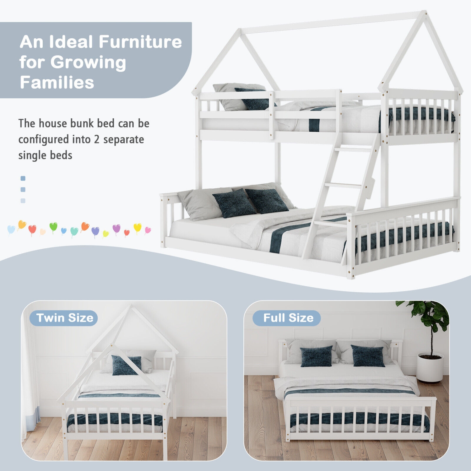 House Bunk Bed Frame with Built-in Ladder and Safety Guardrails for Kids