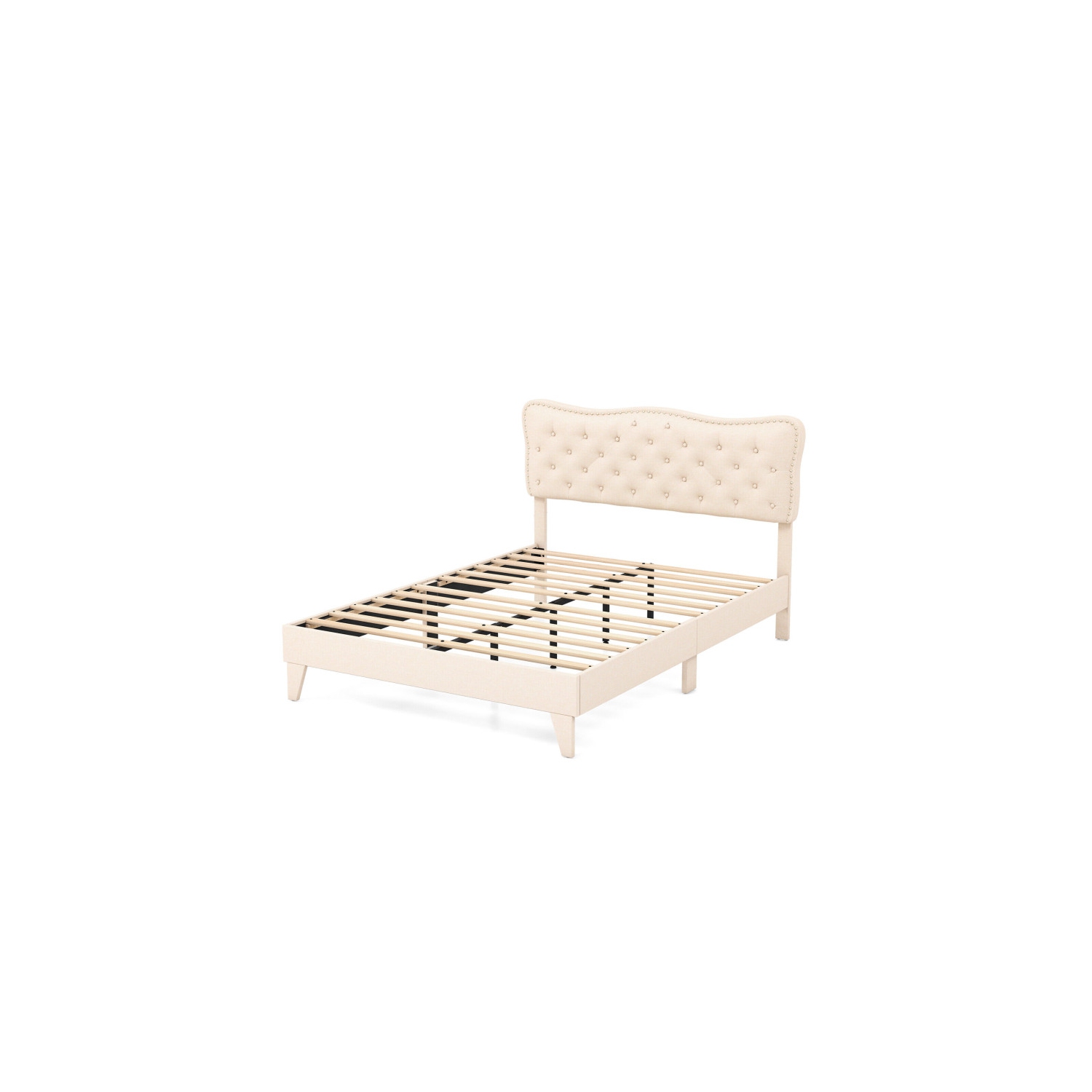 Modern Bed Frame with Decorative Nail Headboard and Wooden Slats