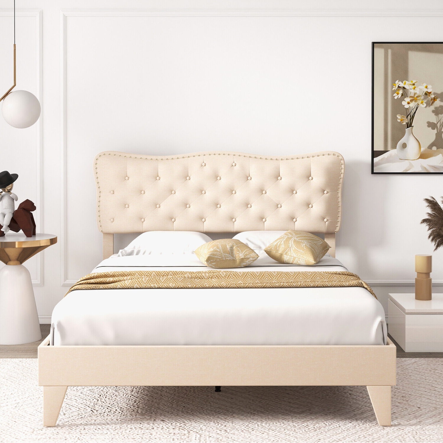 Modern Bed Frame with Decorative Nail Headboard and Wooden Slats