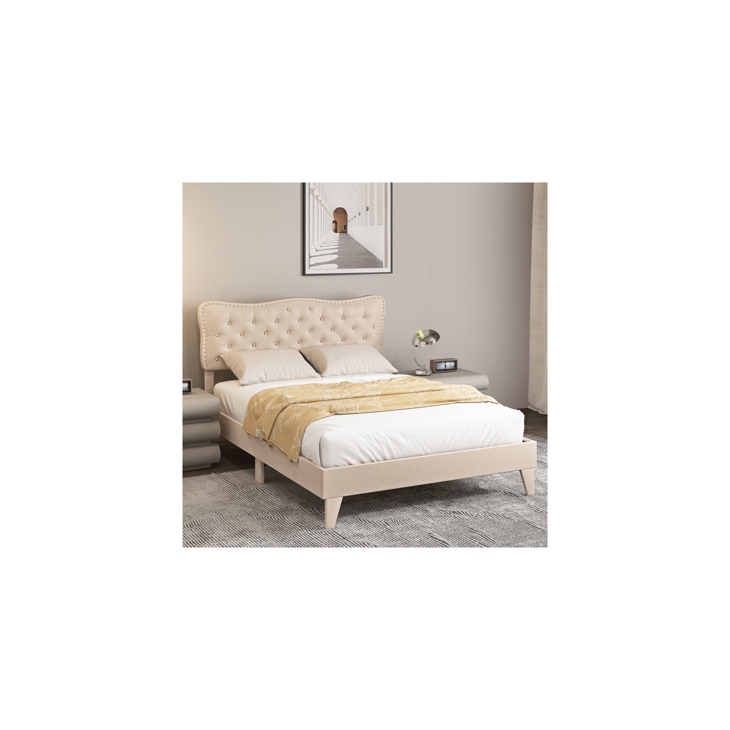 Modern Bed Frame with Decorative Nail Headboard and Wooden Slats