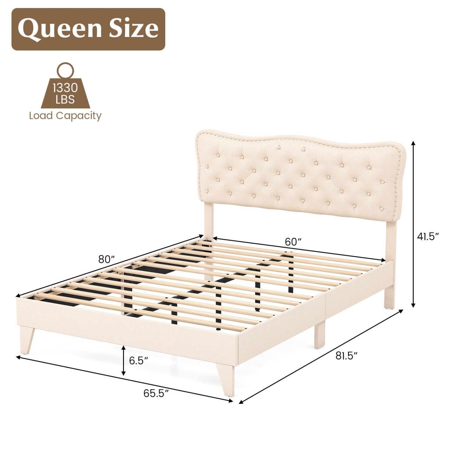 Modern Bed Frame with Decorative Nail Headboard and Wooden Slats
