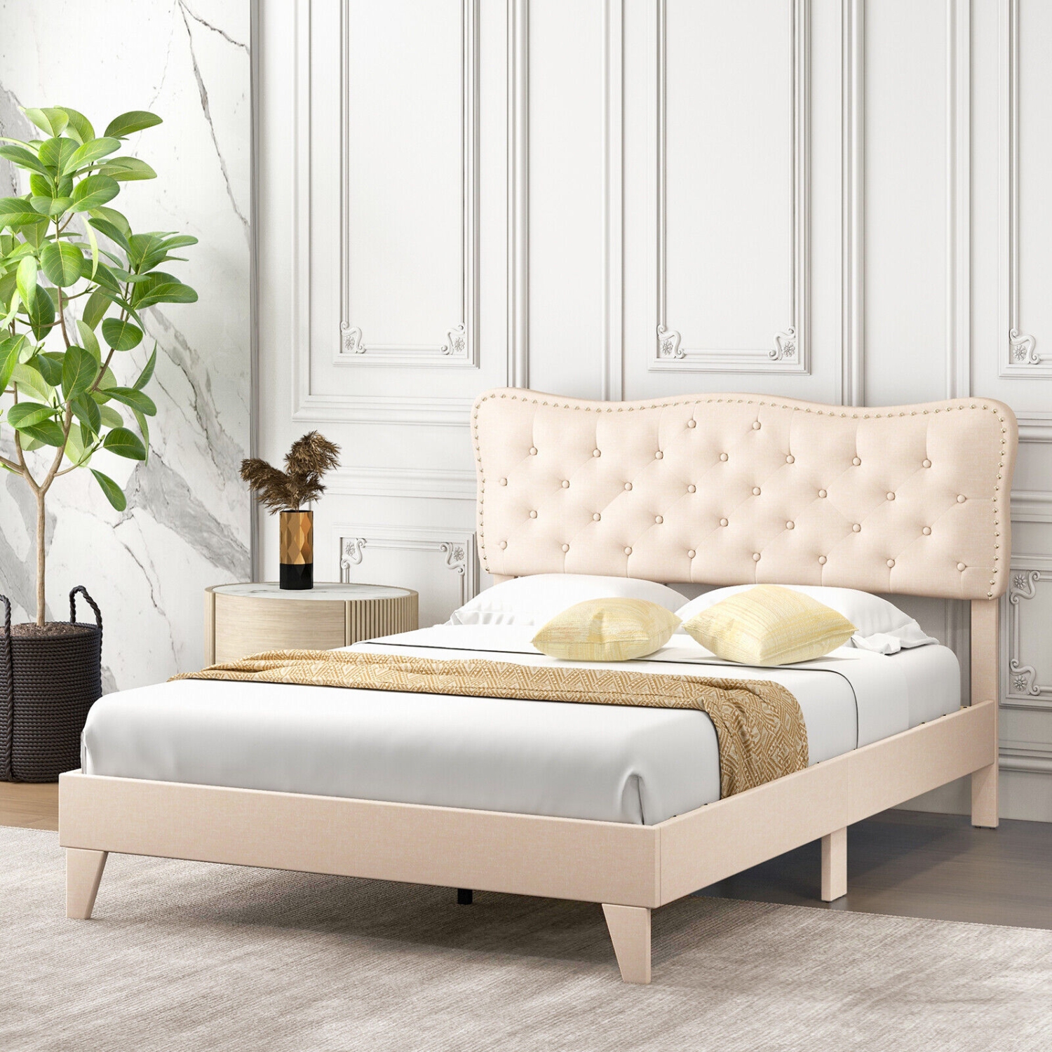 Modern Bed Frame with Decorative Nail Headboard and Wooden Slats