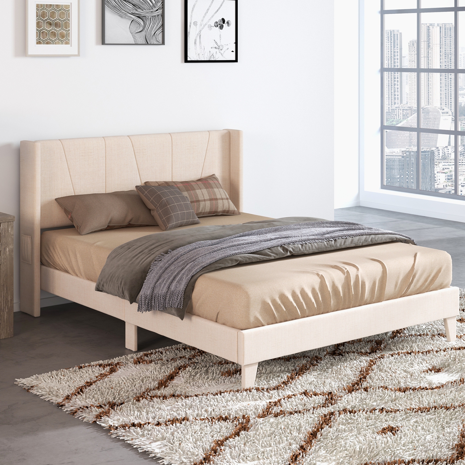 Upholstered Platform Bed Frame with Geometric Wing back Headboard