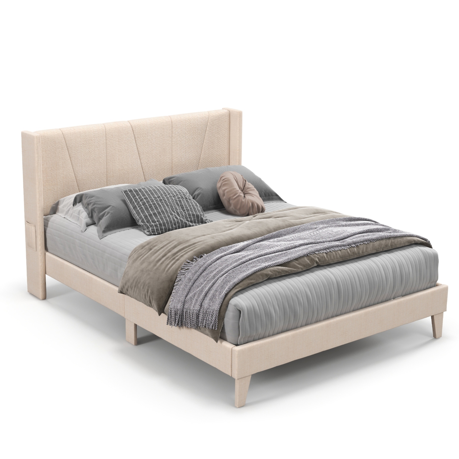 Upholstered Platform Bed Frame with Geometric Wing back Headboard