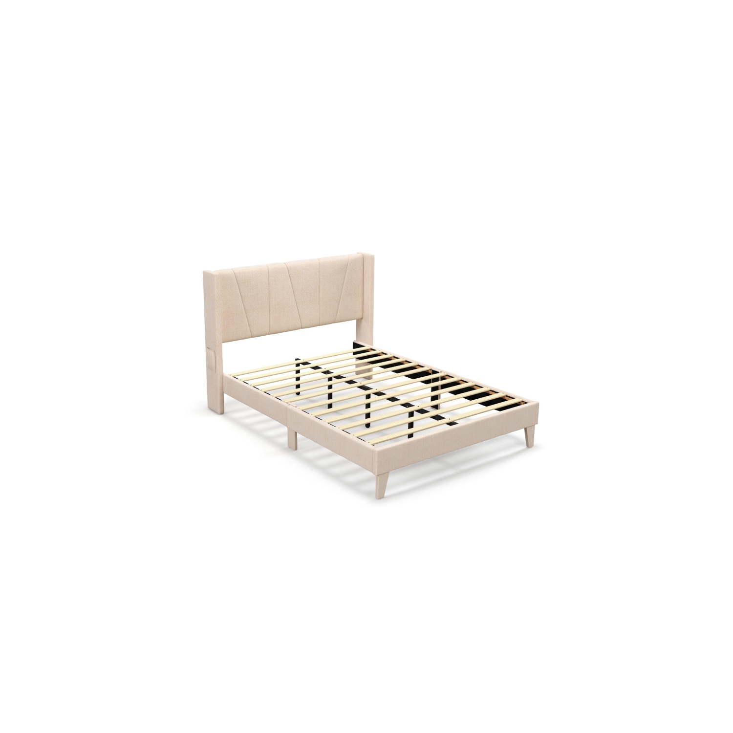 Upholstered Platform Bed Frame with Geometric Wing back Headboard