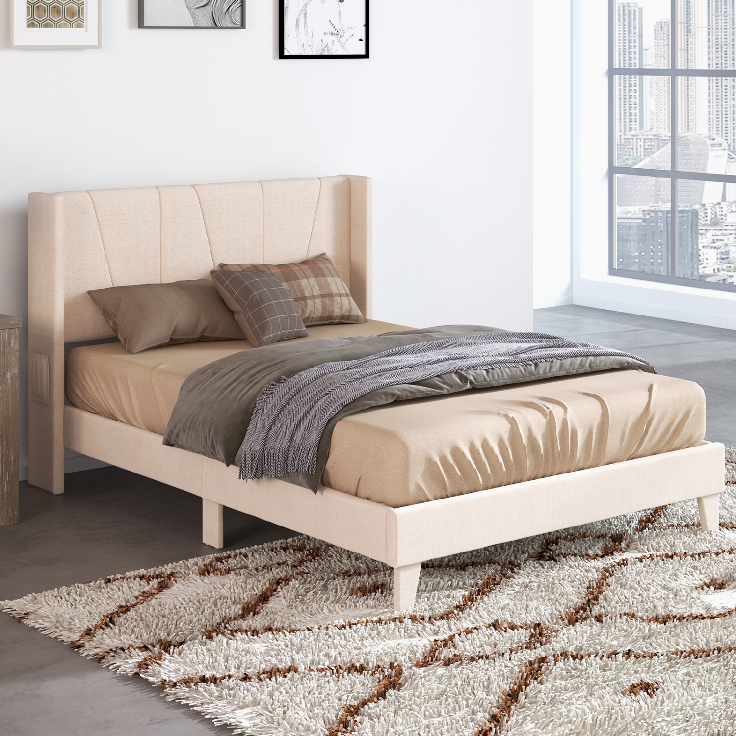 Upholstered Platform Bed Frame with Geometric Wing back Headboard
