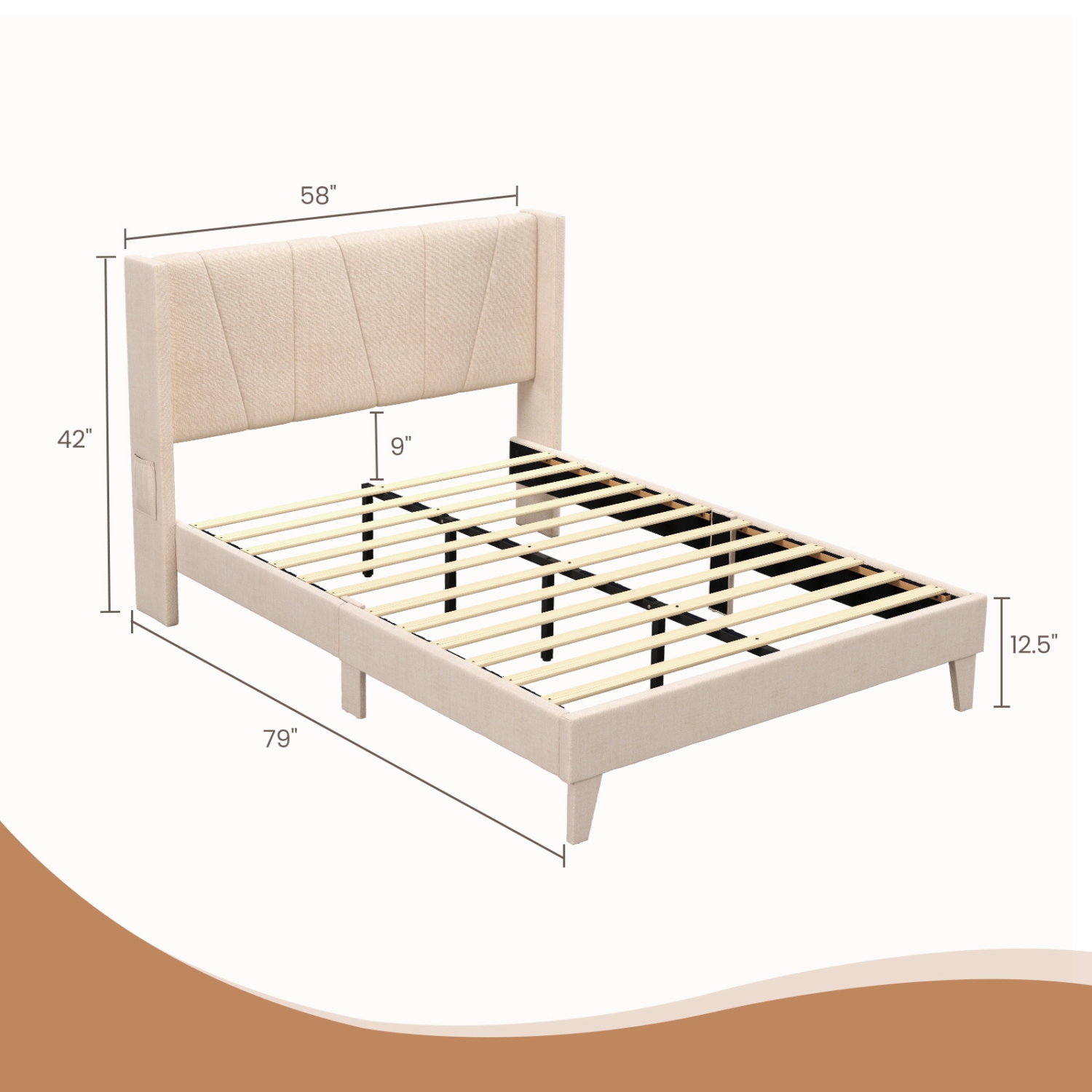 Upholstered Platform Bed Frame with Geometric Wing back Headboard