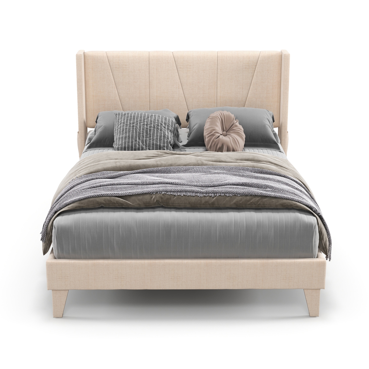 Upholstered Platform Bed Frame with Geometric Wing back Headboard