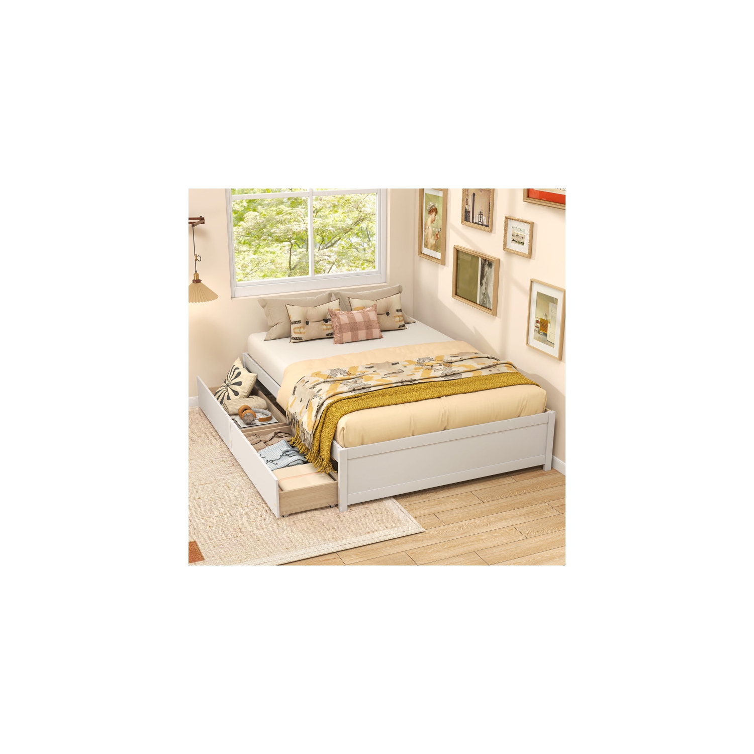 Wooden Bed Frame with 2 Rolling Storage Drawers for Bedroom