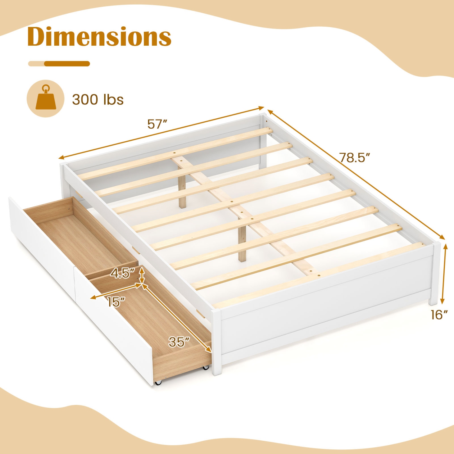 Wooden Bed Frame with 2 Rolling Storage Drawers for Bedroom