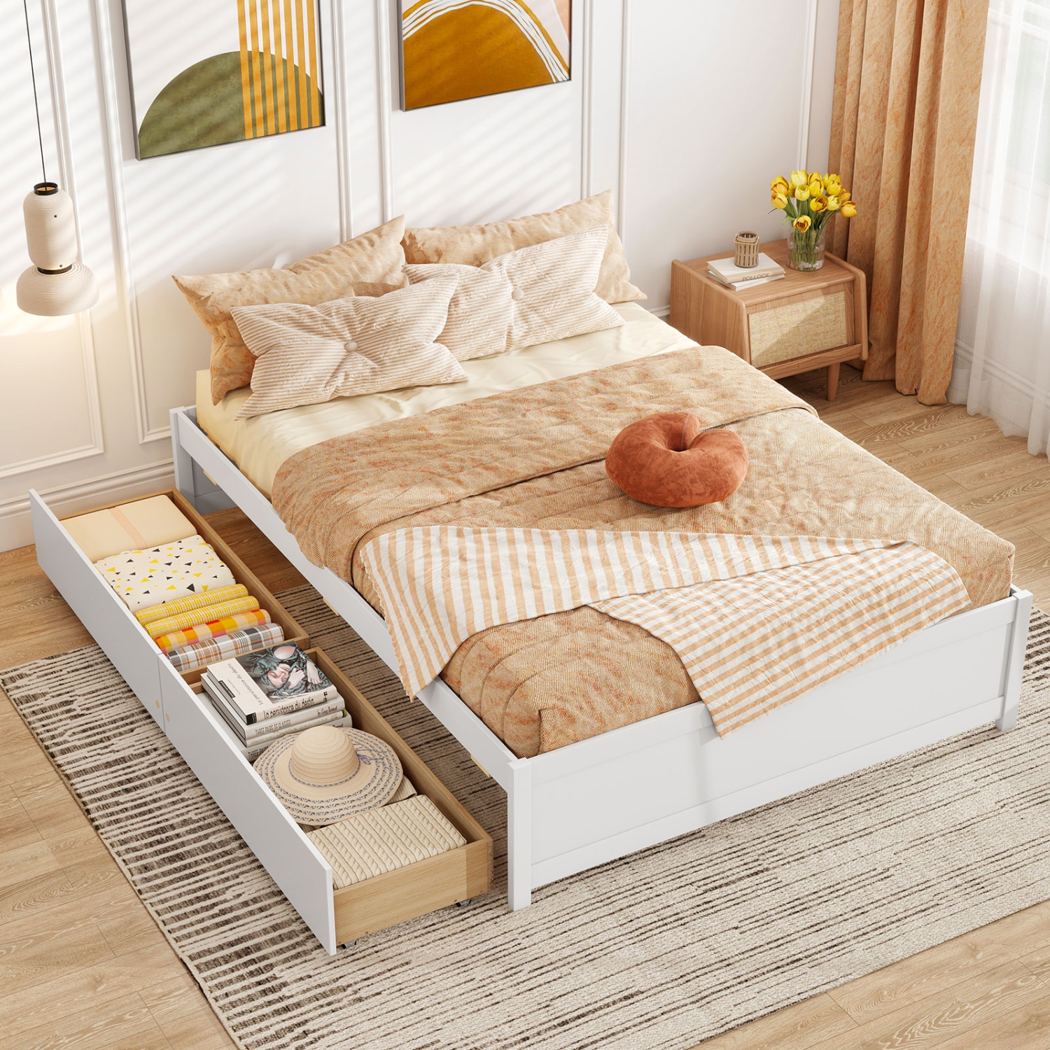 Wooden Bed Frame with 2 Rolling Storage Drawers for Bedroom