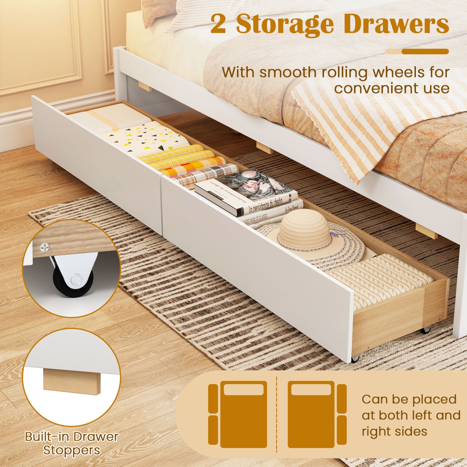 Wooden Bed Frame with 2 Rolling Storage Drawers for Bedroom