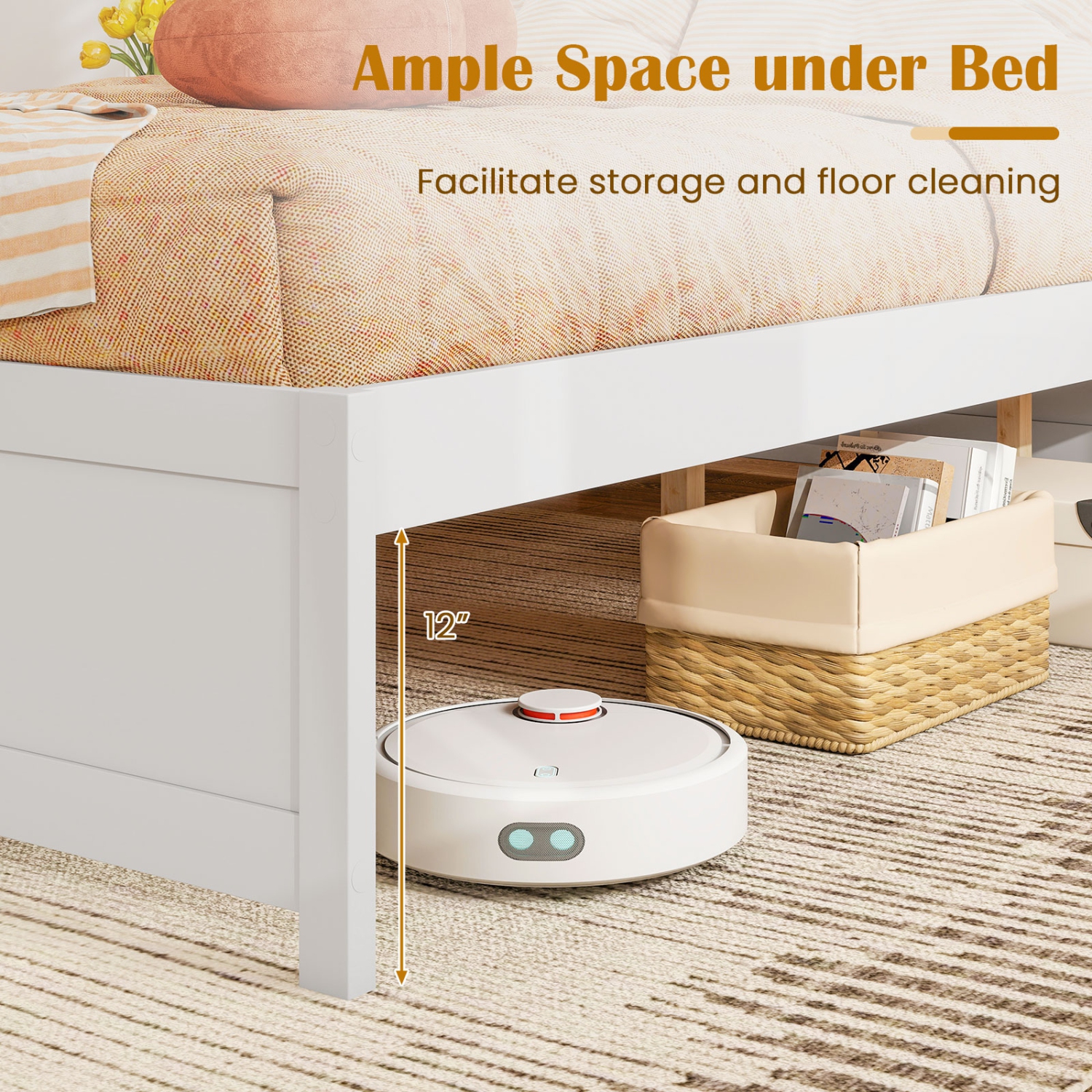 Wooden Bed Frame with 2 Rolling Storage Drawers for Bedroom