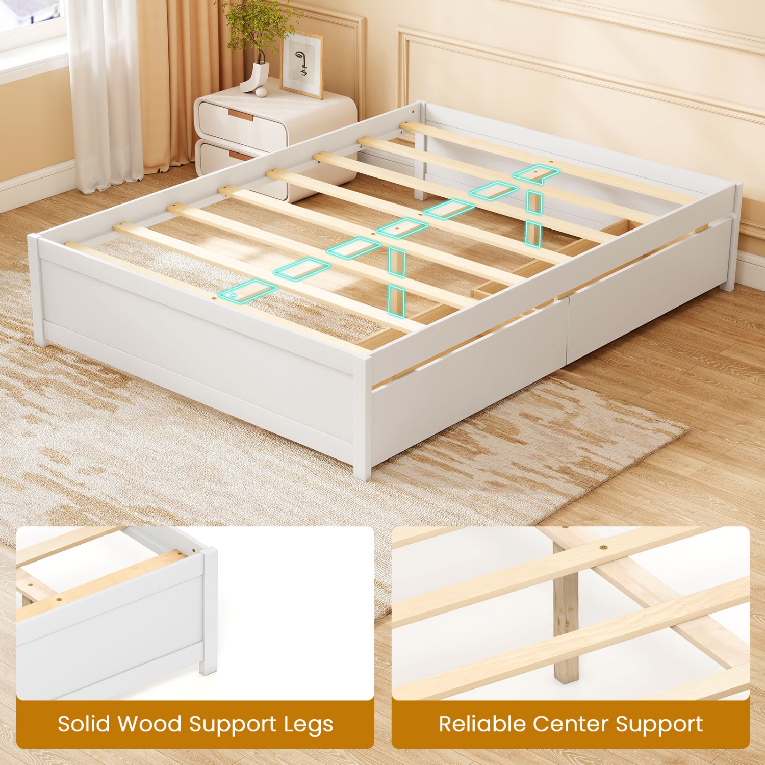 Wooden Bed Frame with 2 Rolling Storage Drawers for Bedroom