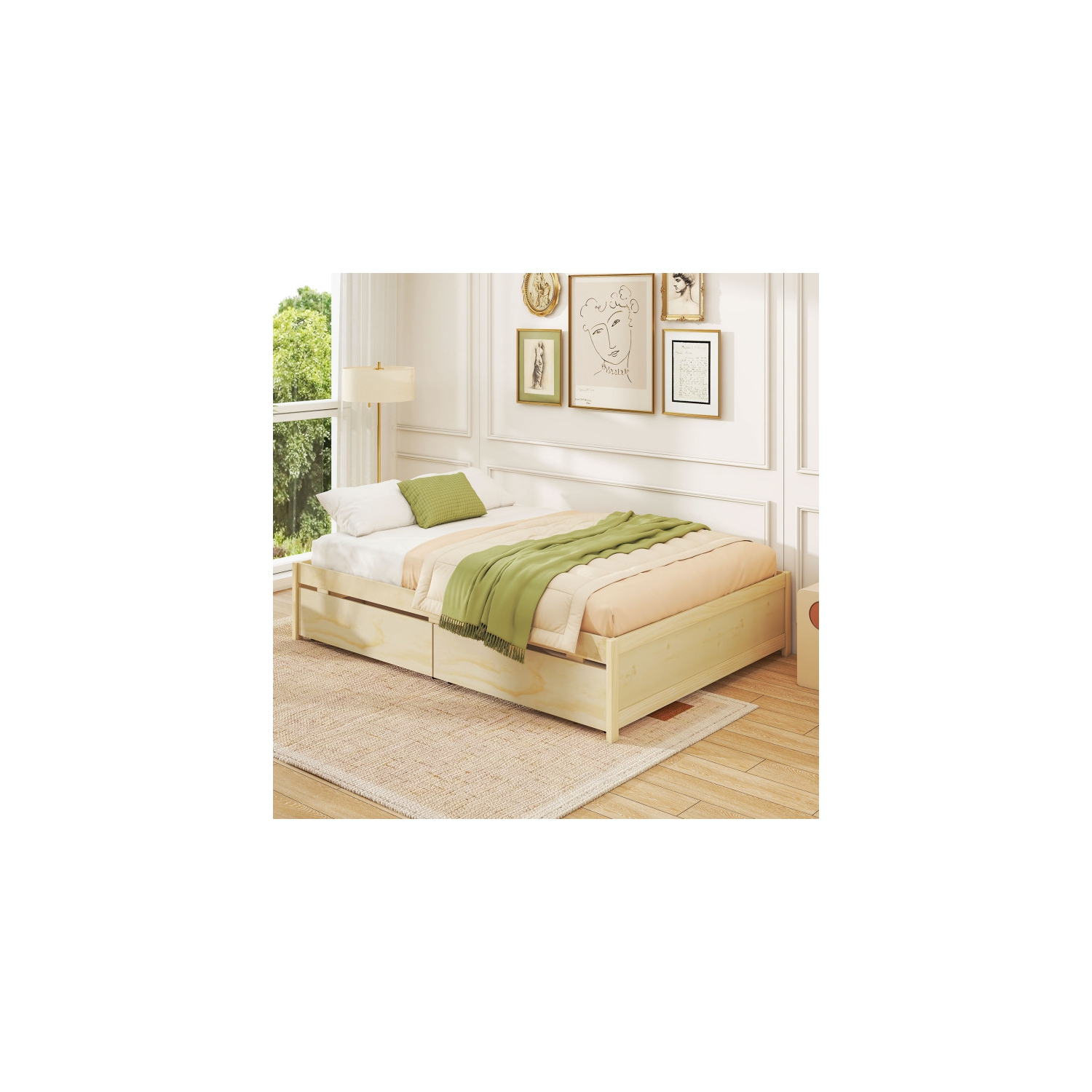 Wooden Bed Frame with 2 Rolling Storage Drawers for Bedroom