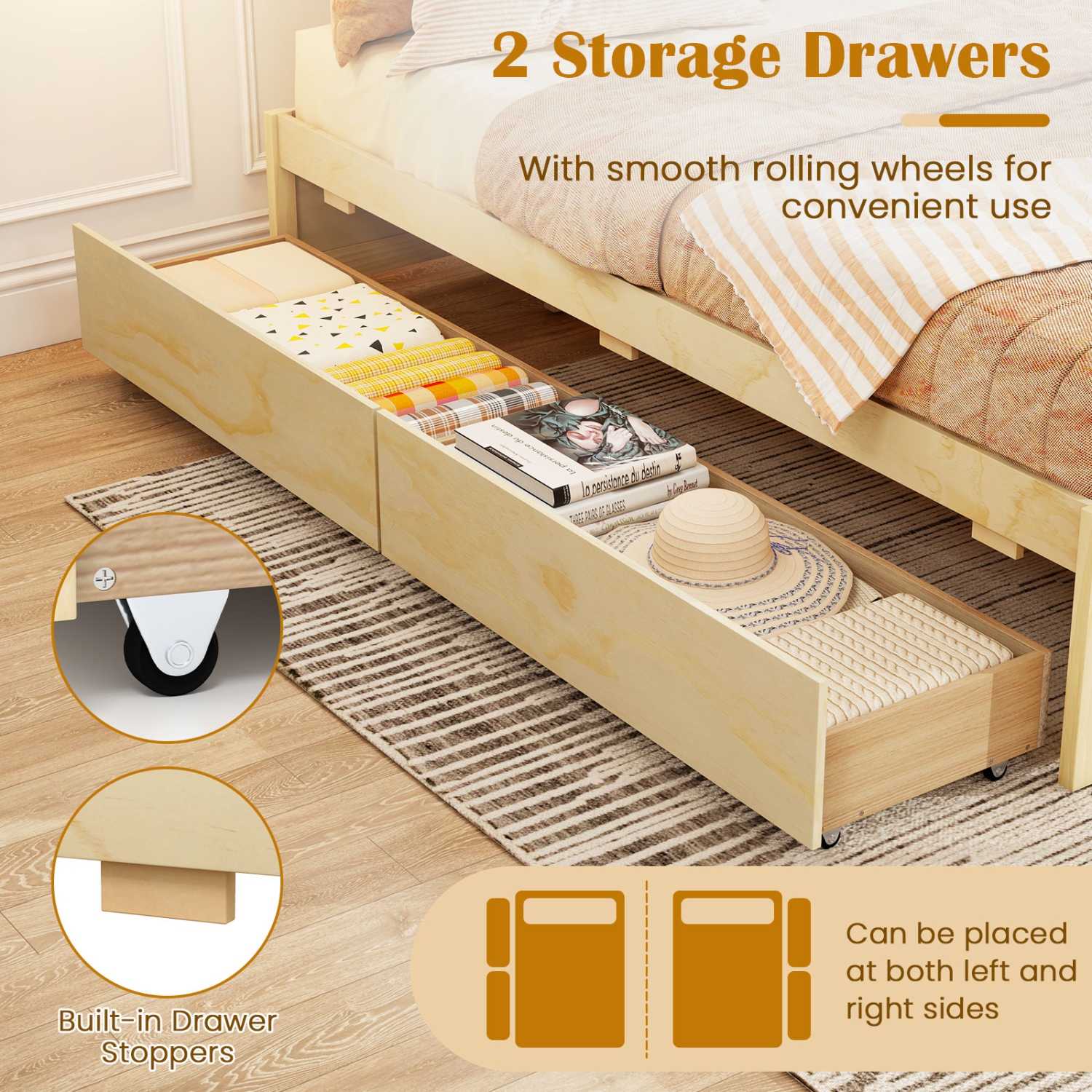 Wooden Bed Frame with 2 Rolling Storage Drawers for Bedroom