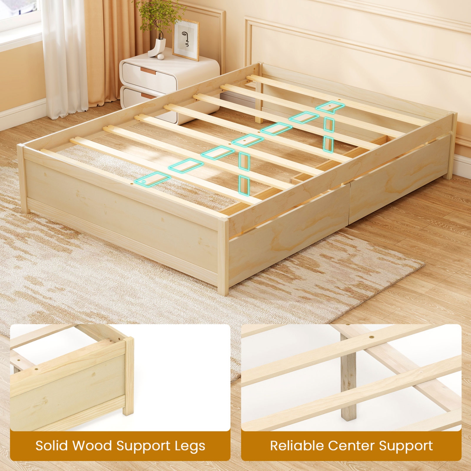 Wooden Bed Frame with 2 Rolling Storage Drawers for Bedroom