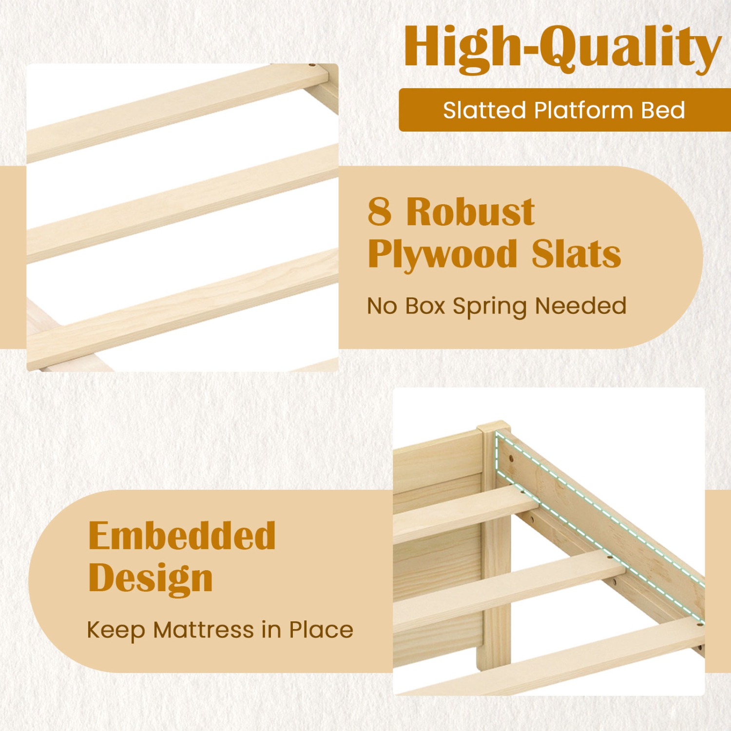 Wooden Bed Frame with 2 Rolling Storage Drawers for Bedroom