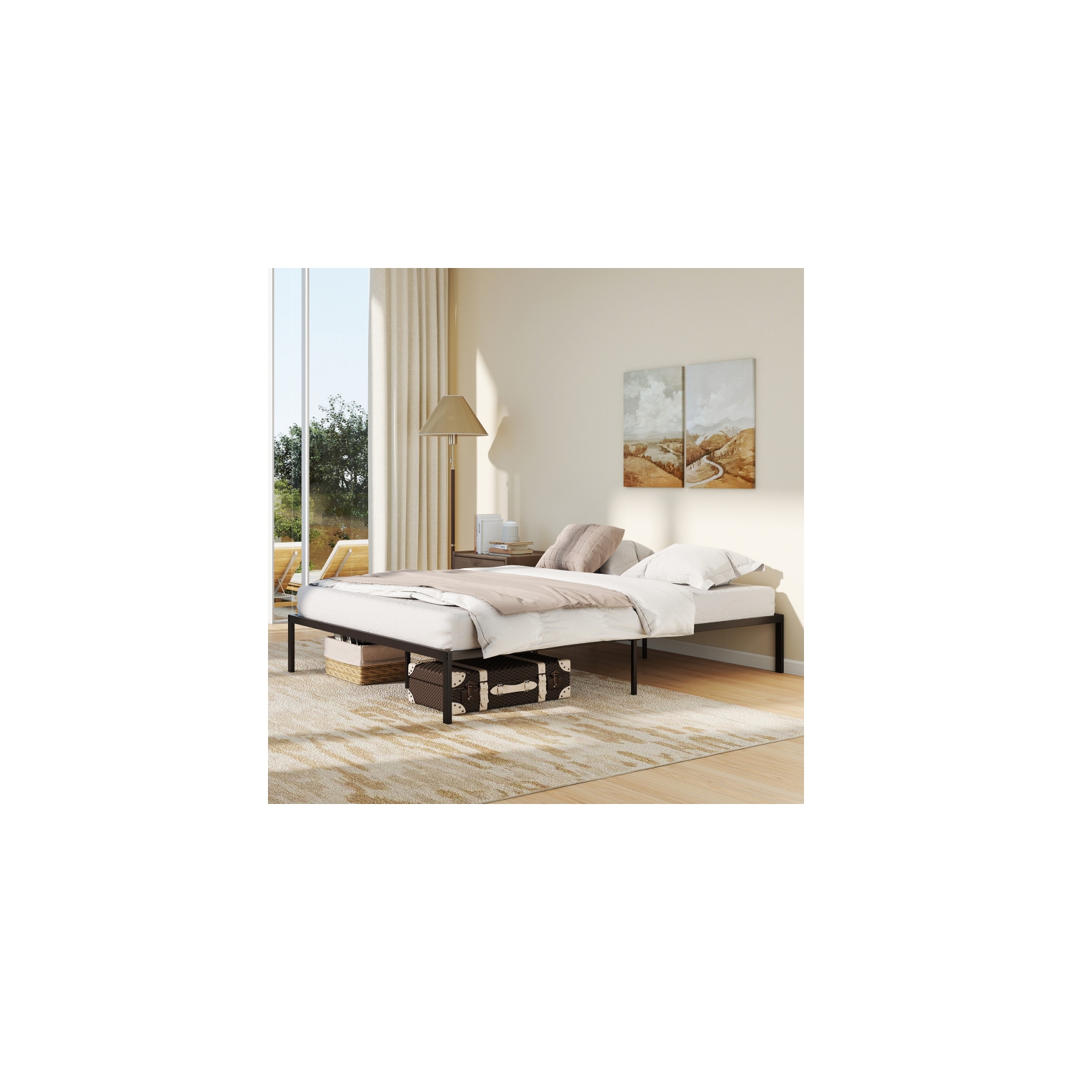 Metal Bed Frame with Heavy Duty Slats for Strong Mattress Foundation