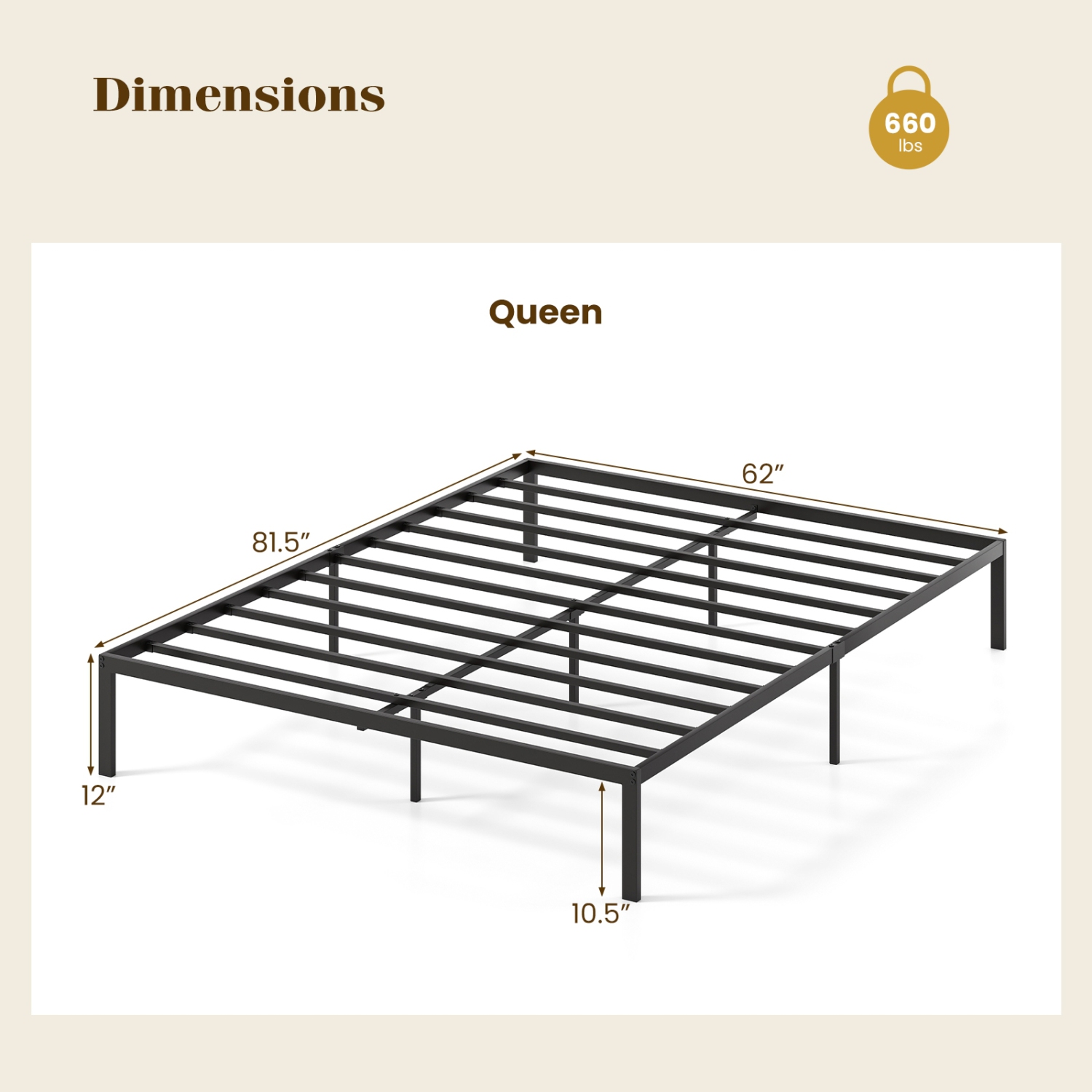 Metal Bed Frame with Heavy Duty Slats for Strong Mattress Foundation