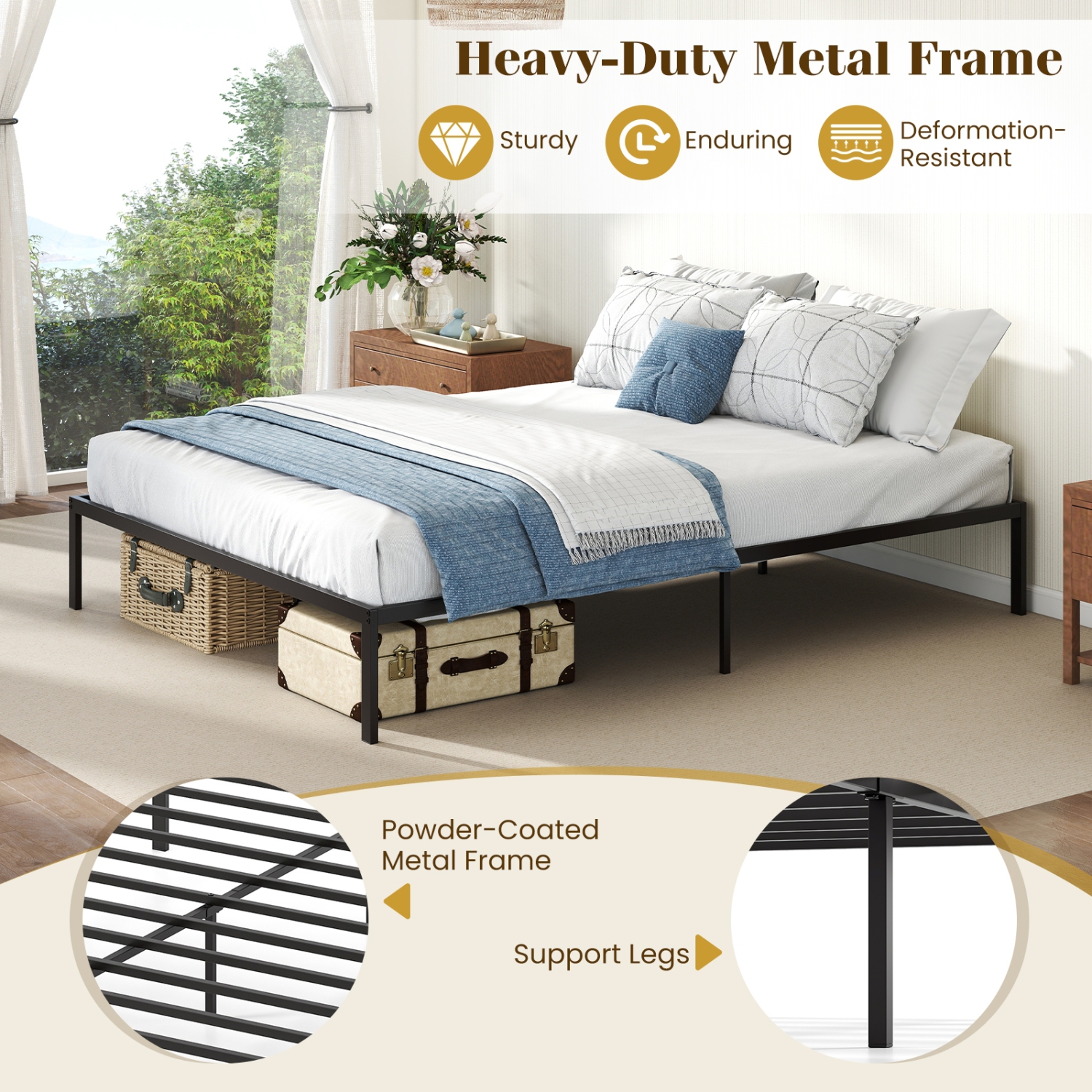 Metal Bed Frame with Heavy Duty Slats for Strong Mattress Foundation