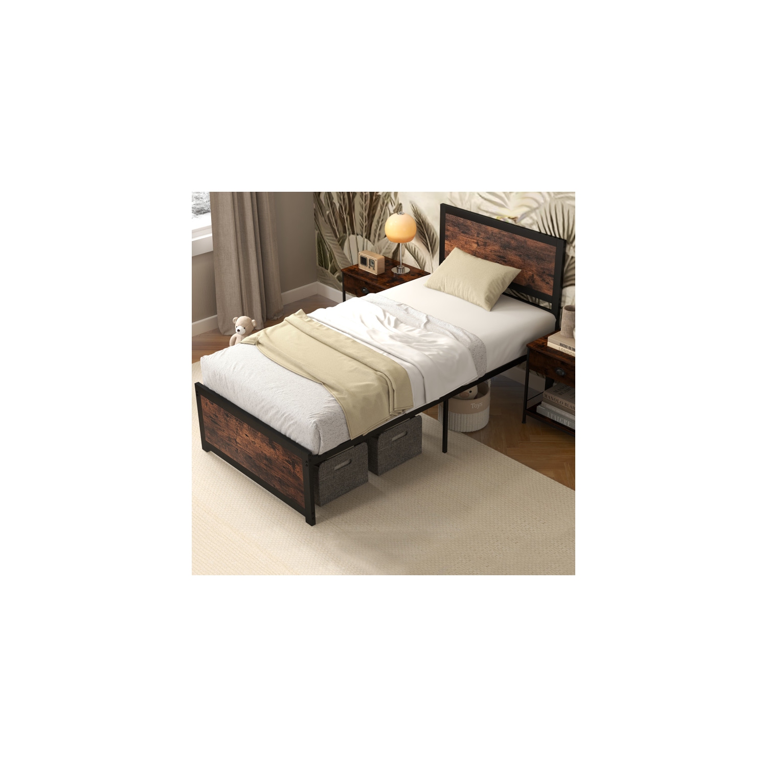 Bedroom Metal Bed with High Headboard and Silent Bar Design