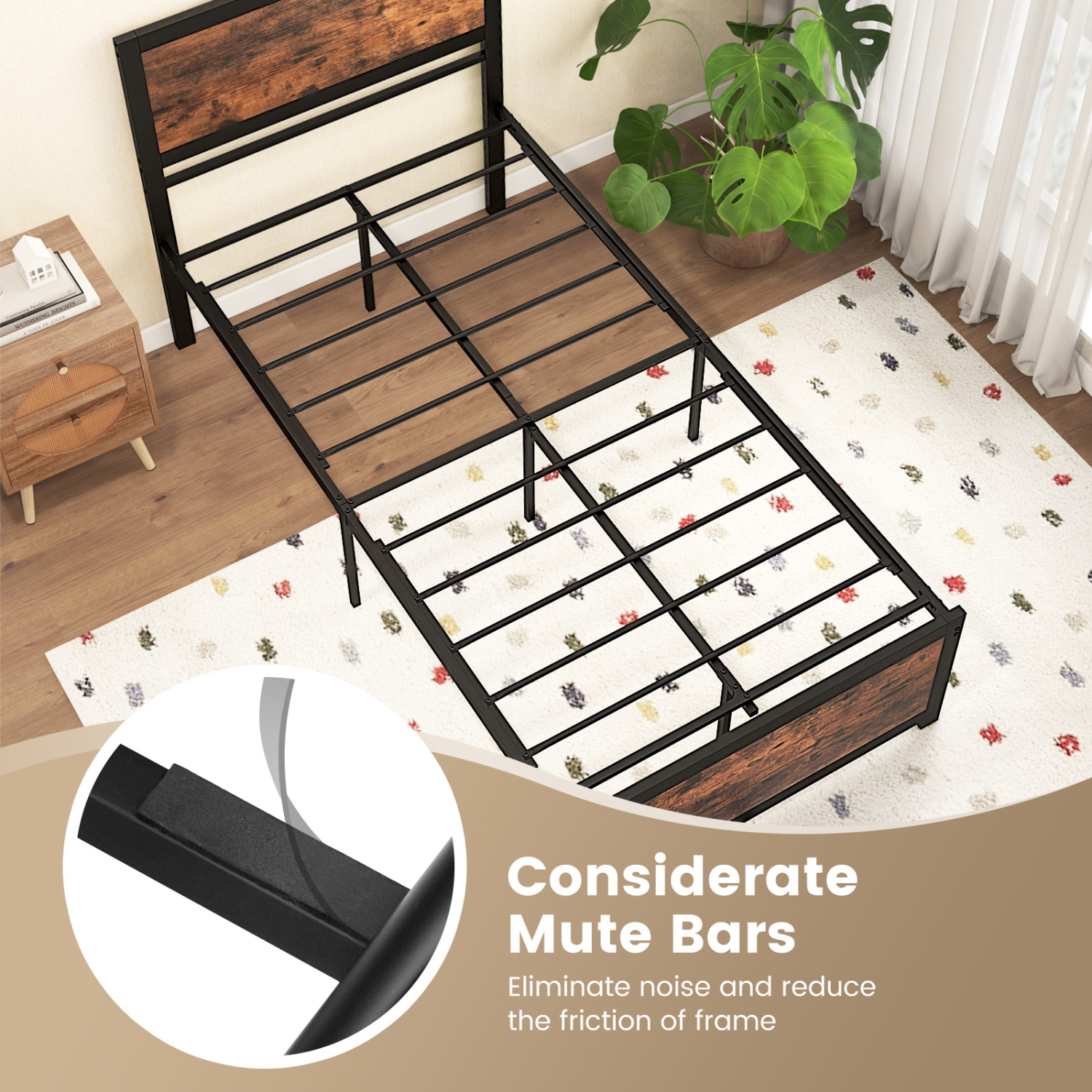 Bedroom Metal Bed with High Headboard and Silent Bar Design