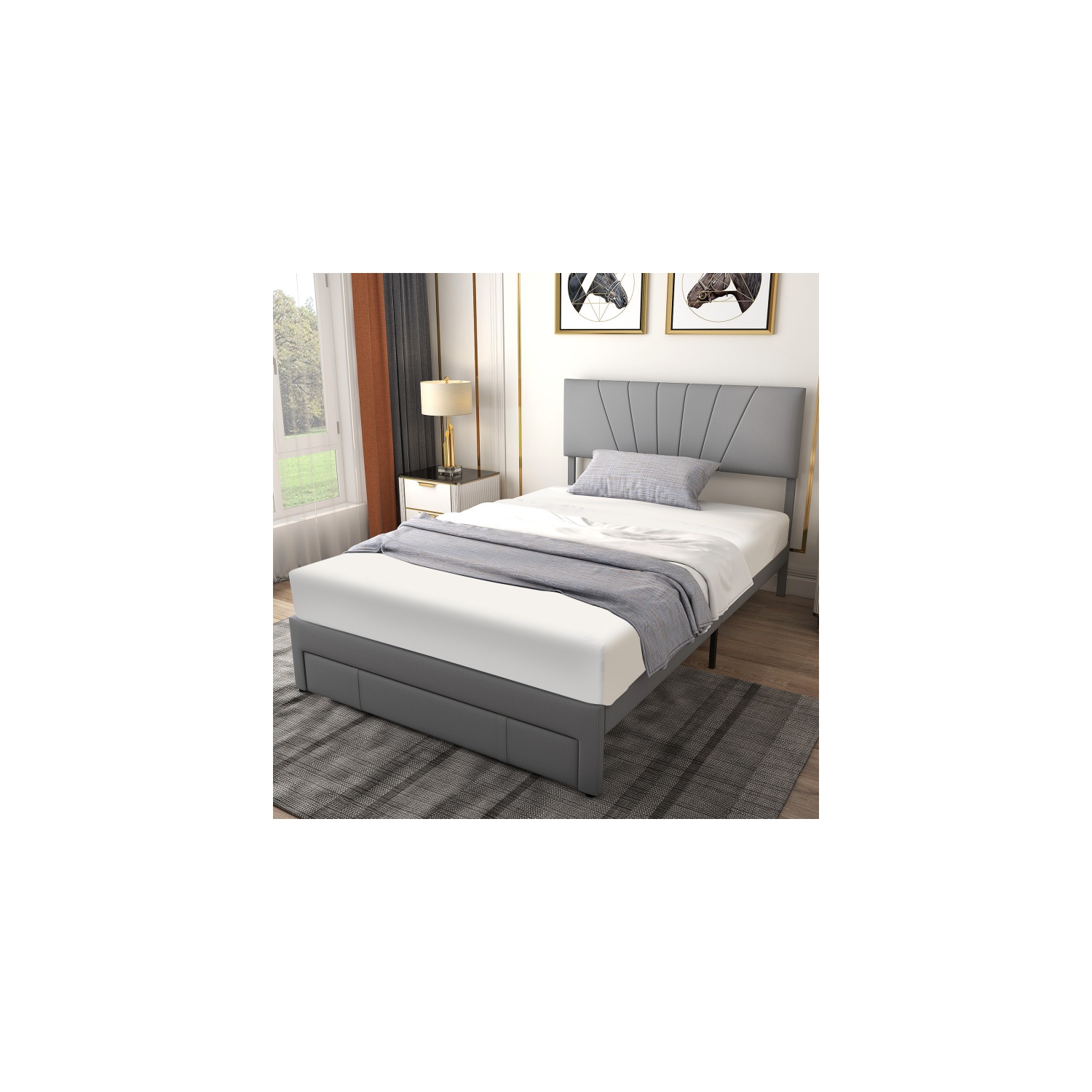 Upholstered Platform Bed Frame with Storage Drawer and Adjustable Headboard