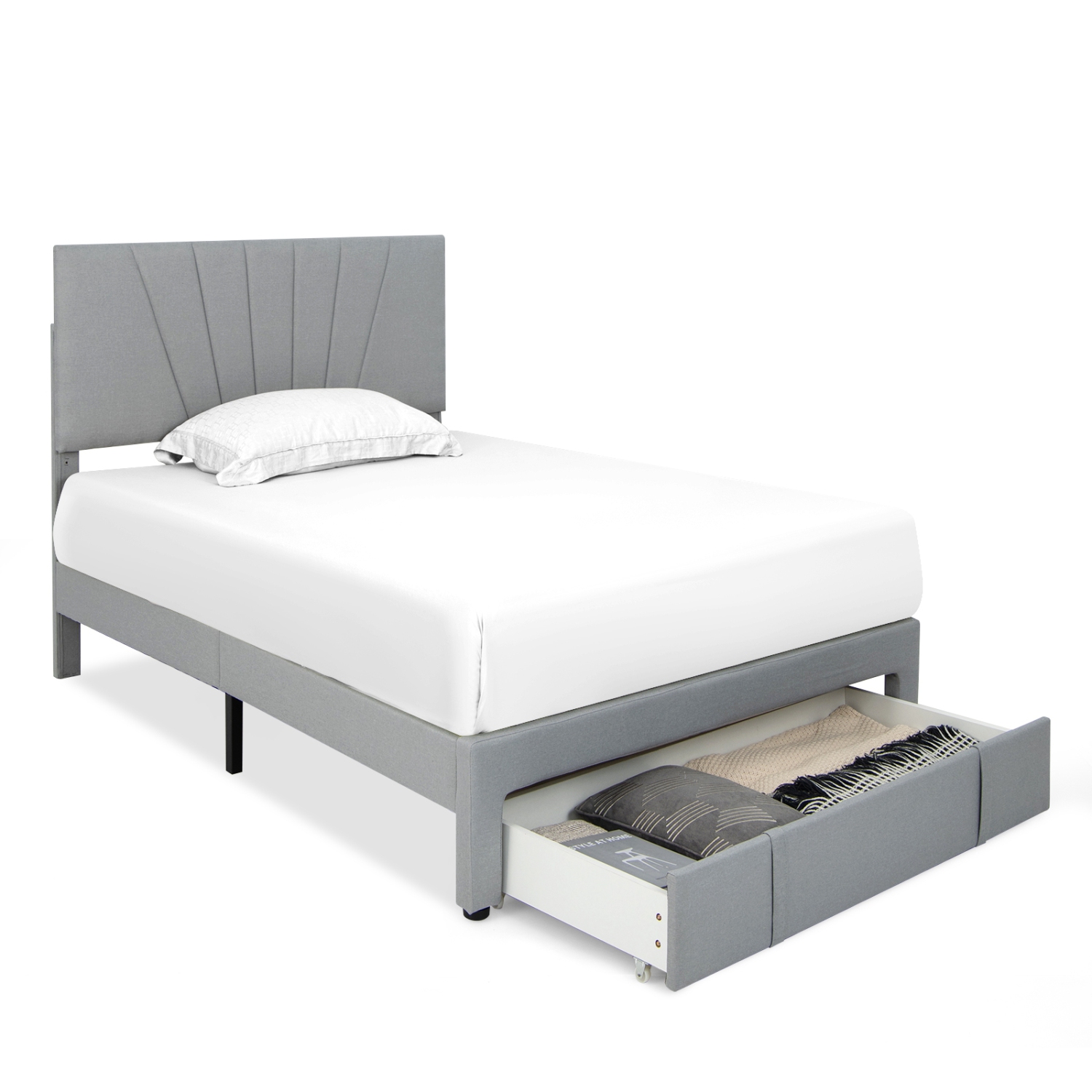 Upholstered Platform Bed Frame with Storage Drawer and Adjustable Headboard